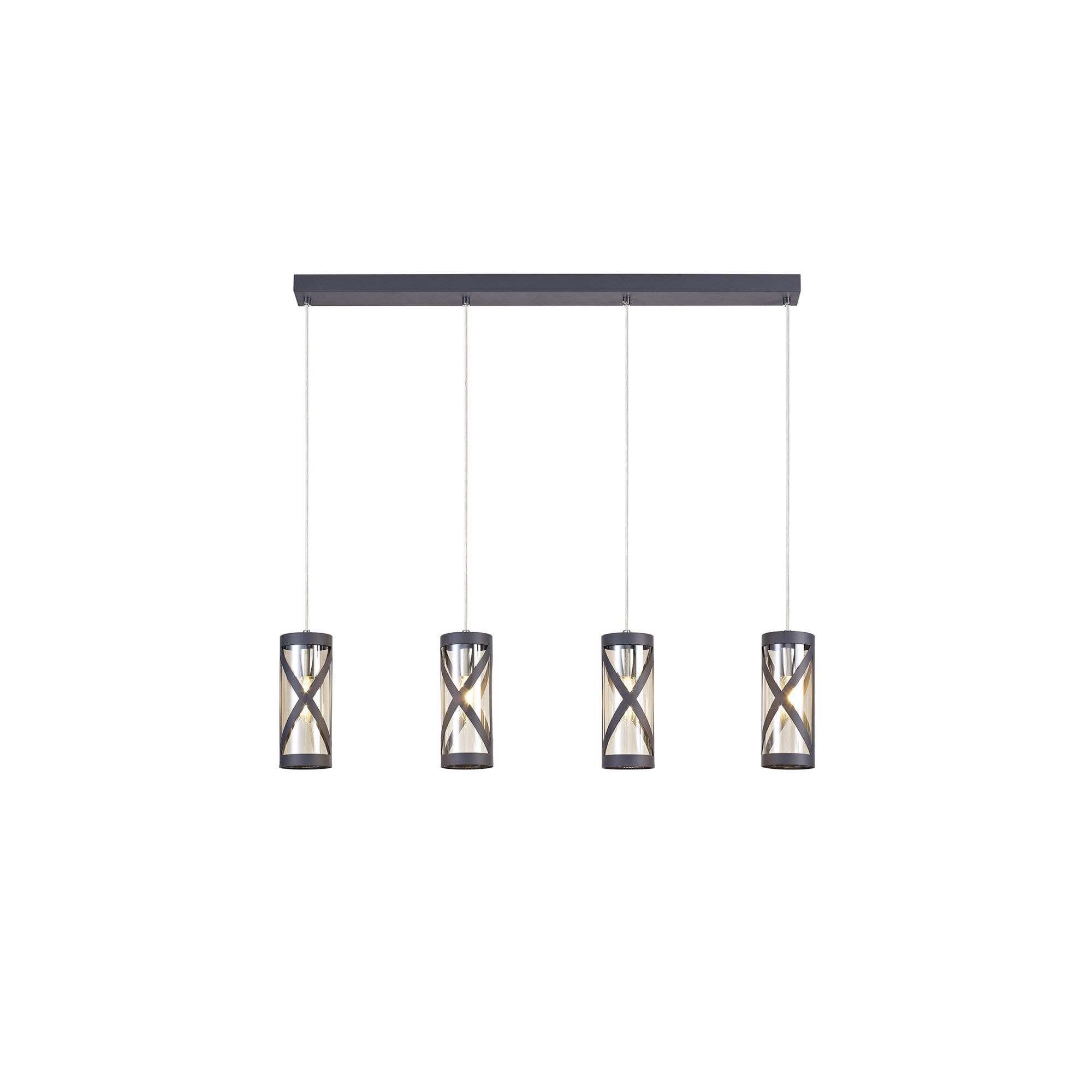 Fabula Leaden 4 Light Linear Bar Pendant - Matt Grey, Polished Chrome & Cognac Glass