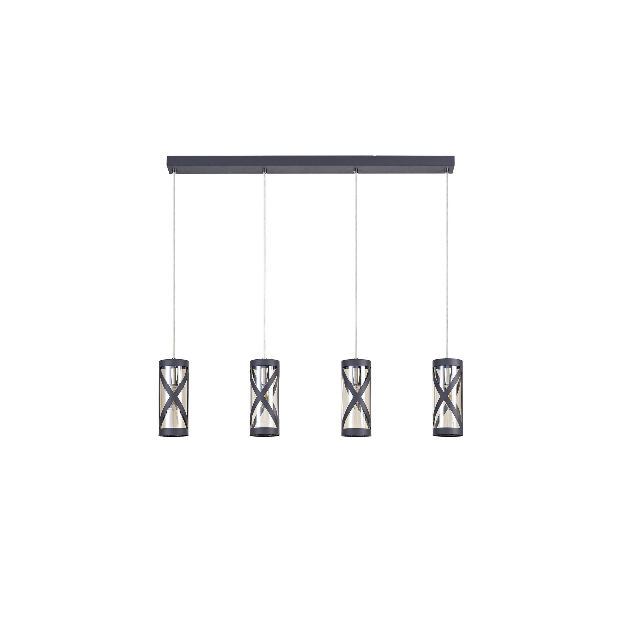 Fabula Leaden 4 Light Linear Bar Pendant - Matt Grey, Polished Chrome & Cognac Glass