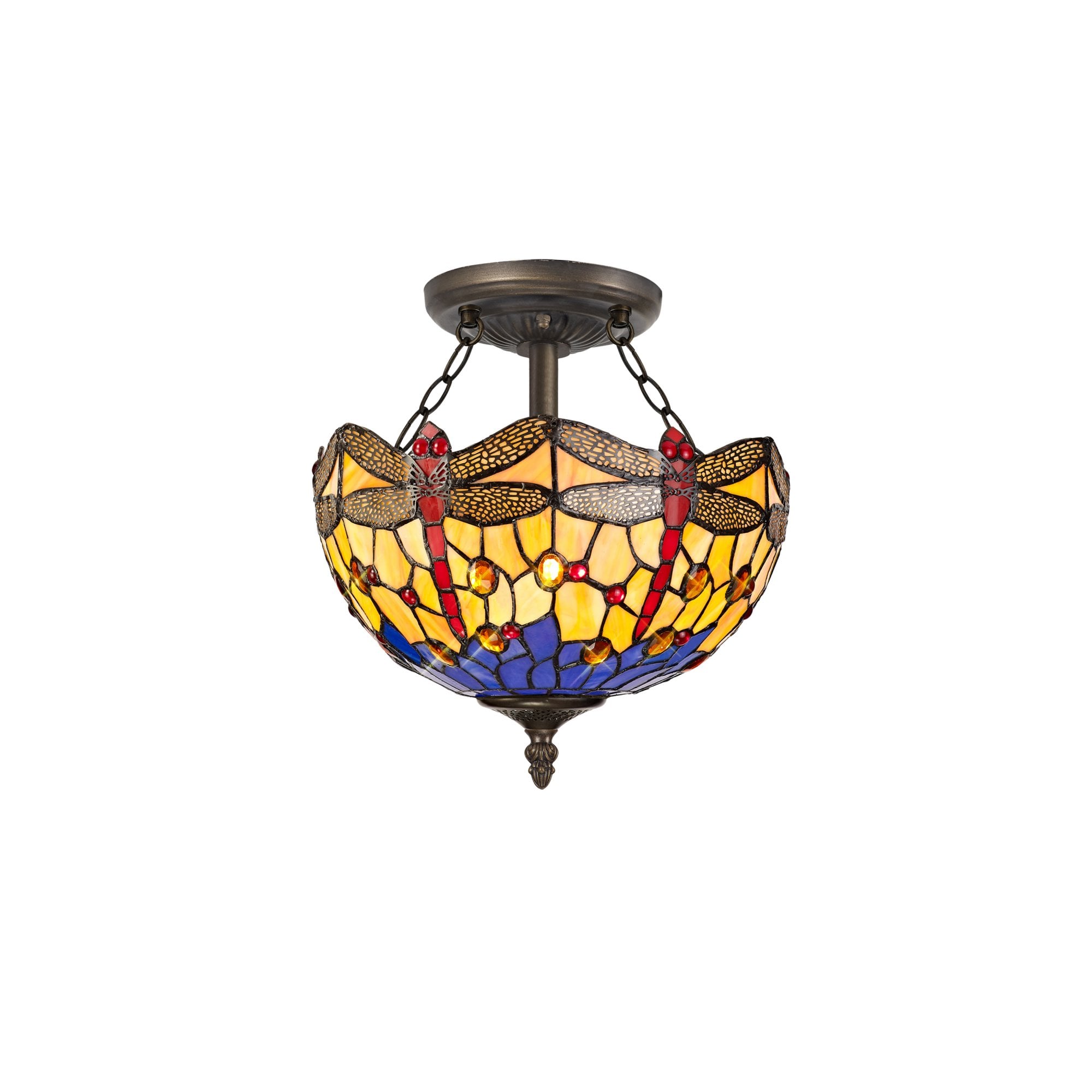 Fabula Hornbeam 2 Light Semi-Flush Light - 30cm Tiffany Shade - Blue & Orange