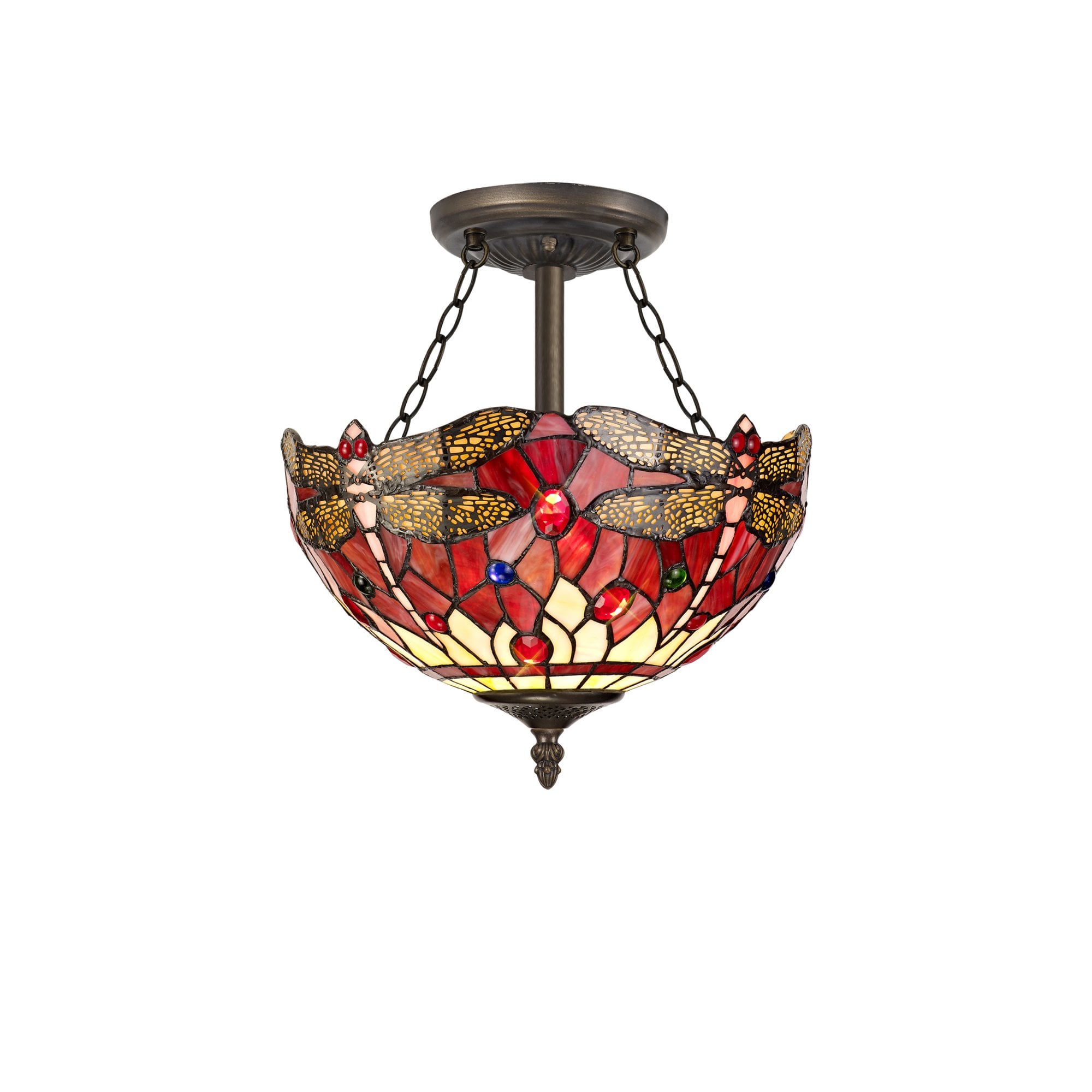 Fabula Hornbeam 3 Light Semi-Flush Light - 30cm Tiffany Shade - Purple & Pink