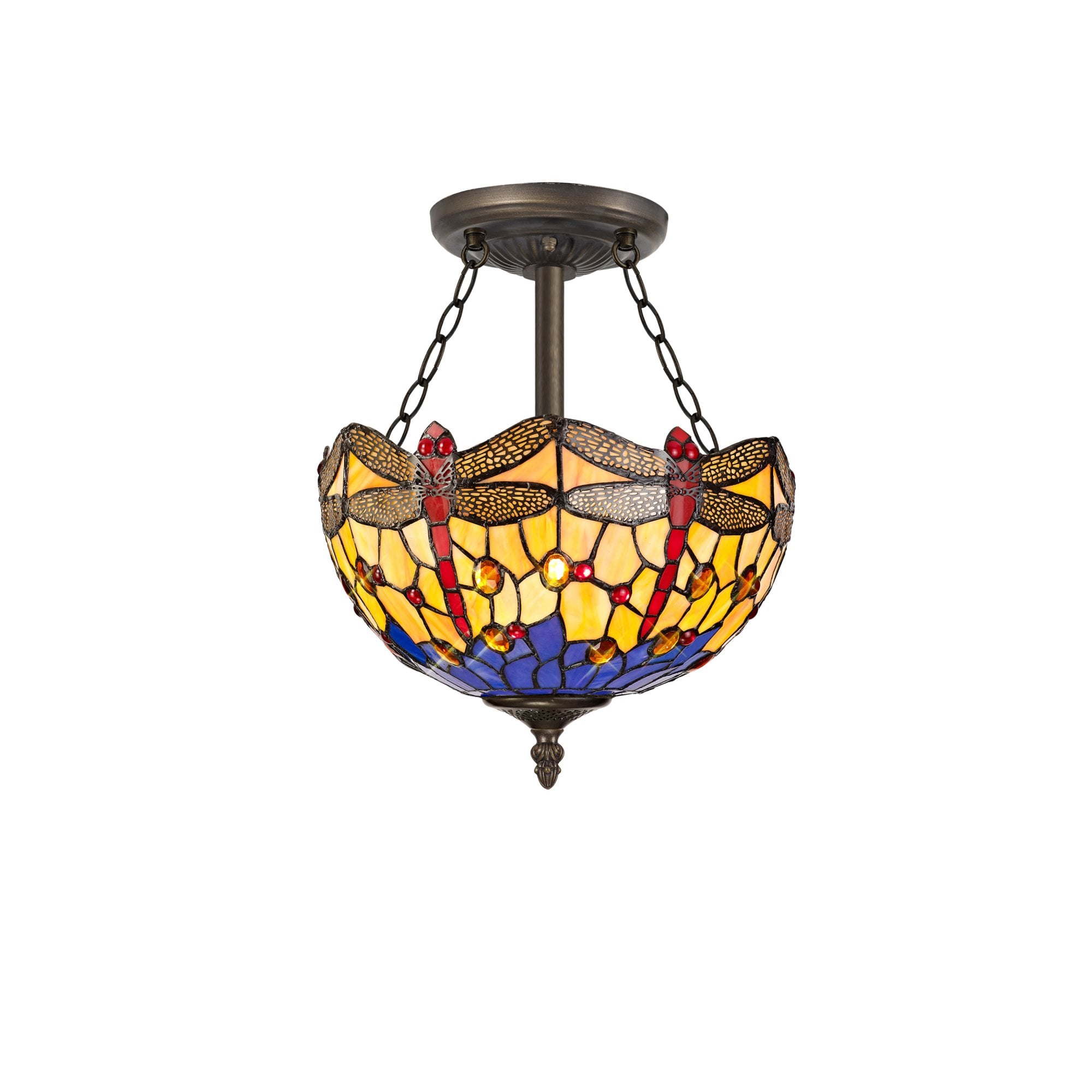 Fabula Hornbeam 3 Light Semi-Flush Light - 30cm Tiffany Shade - Blue & Orange