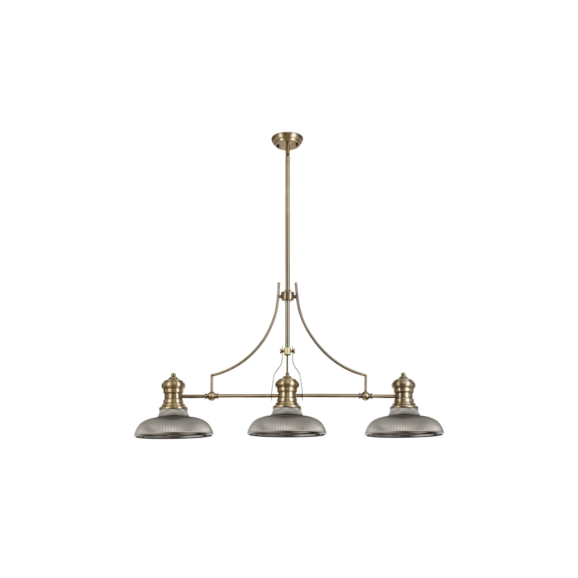Fabula Epping 3 Light Linear Pendant - 30cm Round Glass Shades - Antique Brass, Smoked Glass