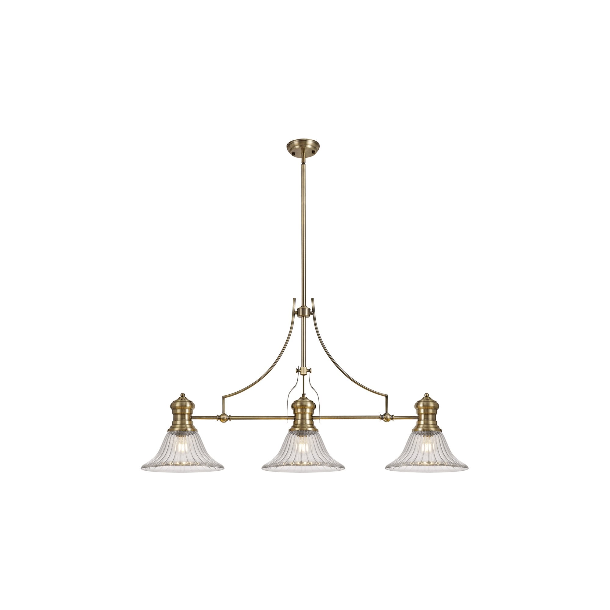 Fabula Epping 3 Light Linear Pendant - 30cm Bell Glass Shades - Antique Brass & Clear Glass