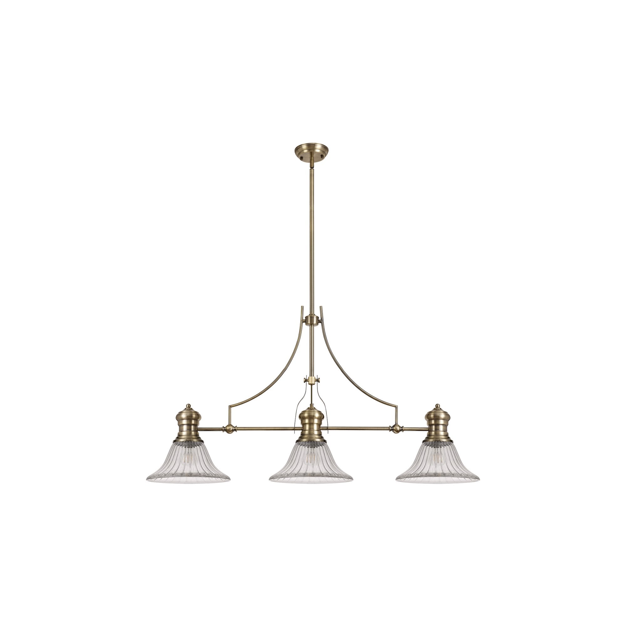 Fabula Epping 3 Light Linear Pendant - 30cm Bell Glass Shades - Antique Brass & Clear Glass