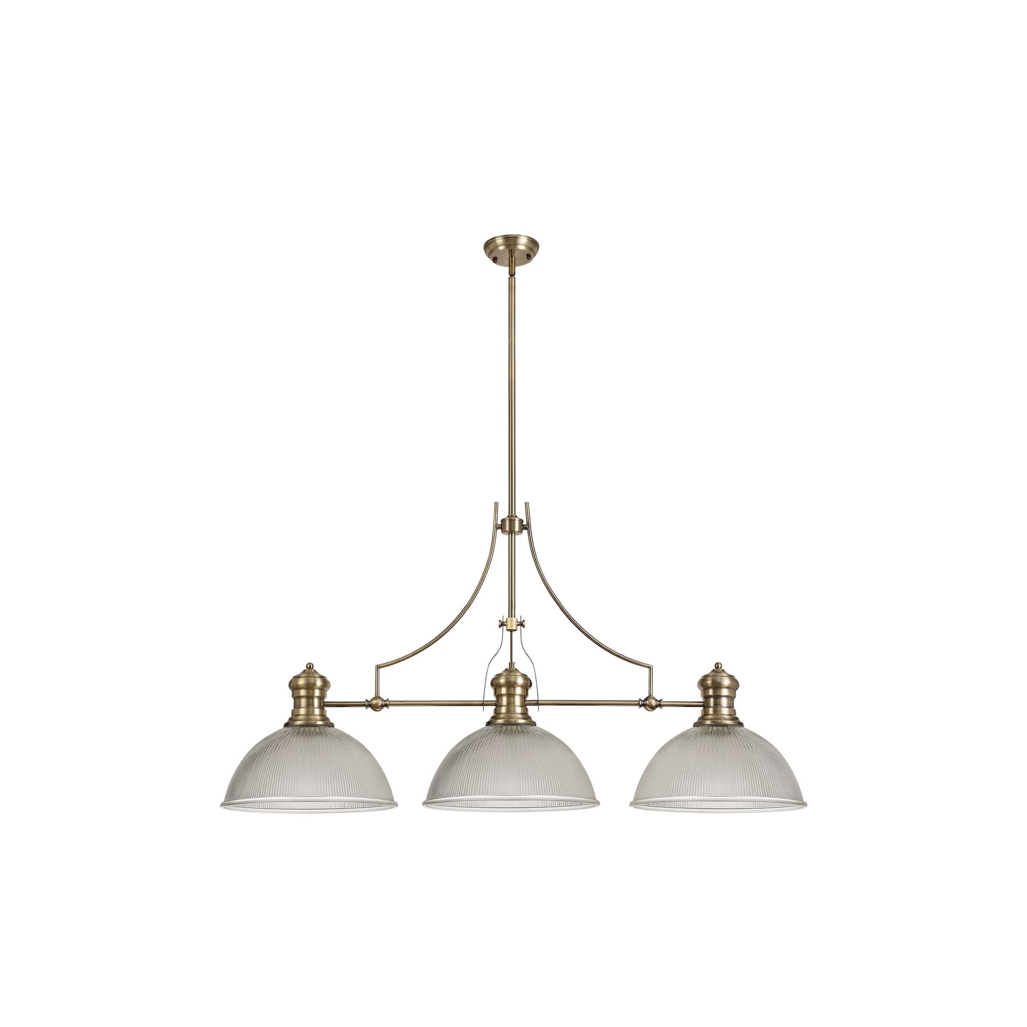 Fabula Epping 3 Light Linear Pendant - 38cm Dome Glass Shades - Antique Brass & Clear Glass