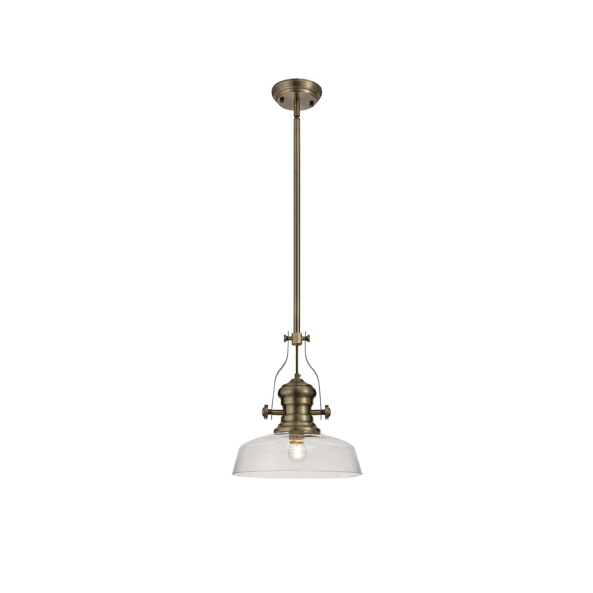Fabula Epping Single Pendant - 30cm Flat Round Glass Shade - Antique Brass & Clear Glass