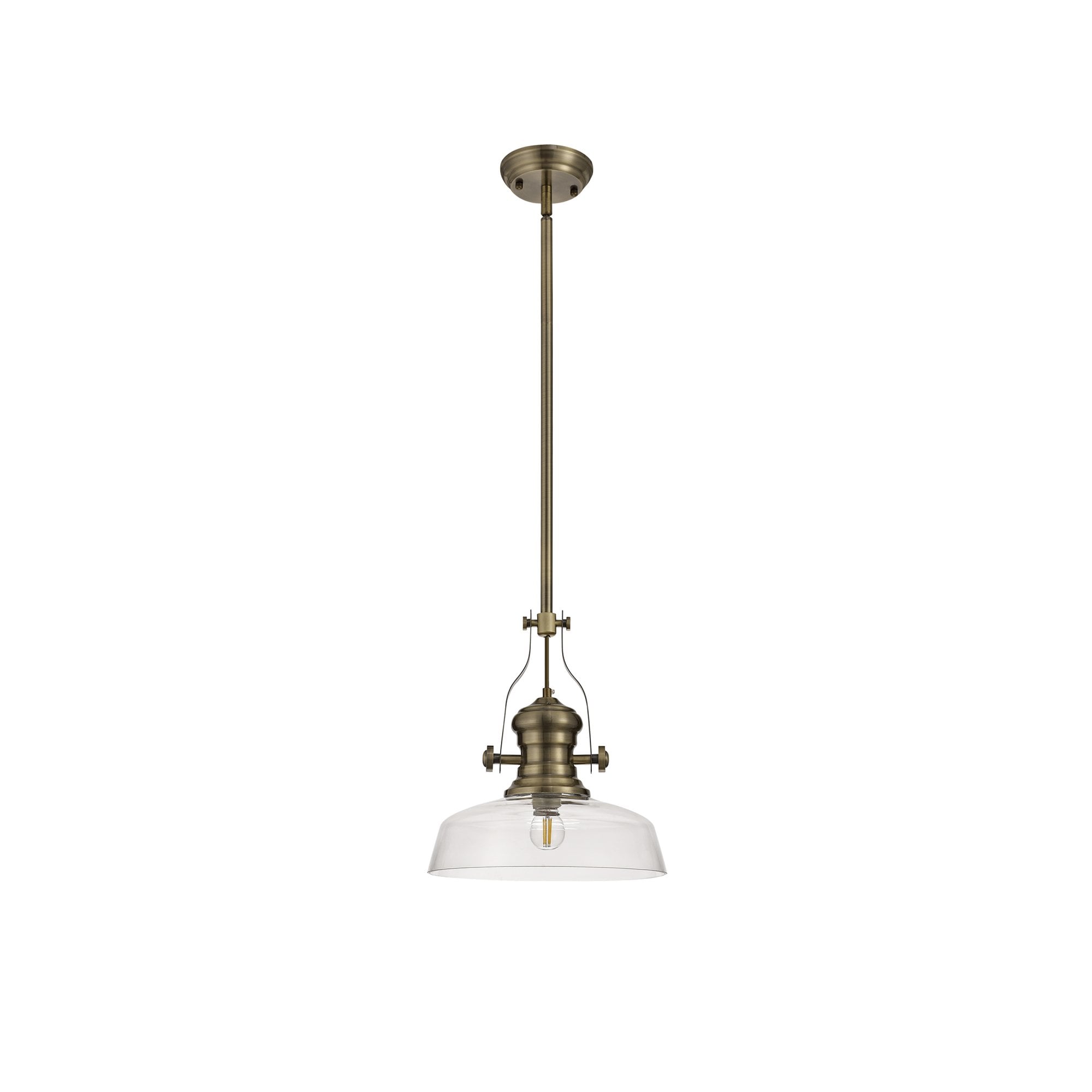 Fabula Epping Single Pendant - 30cm Flat Round Glass Shade - Antique Brass & Clear Glass