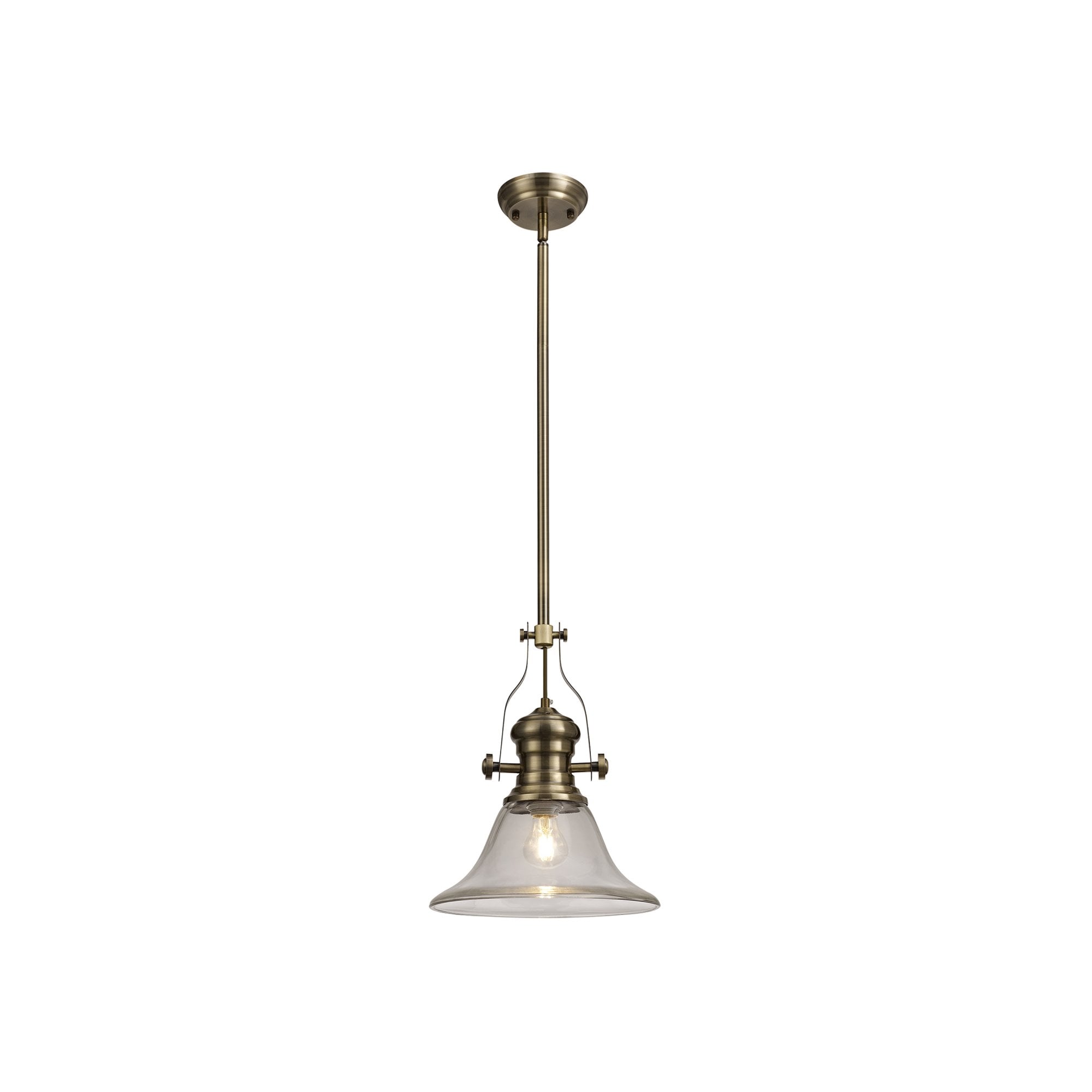 Fabula Epping Single Pendant - 30cm Smooth Bell Glass Shade - Antique Brass & Clear Glass
