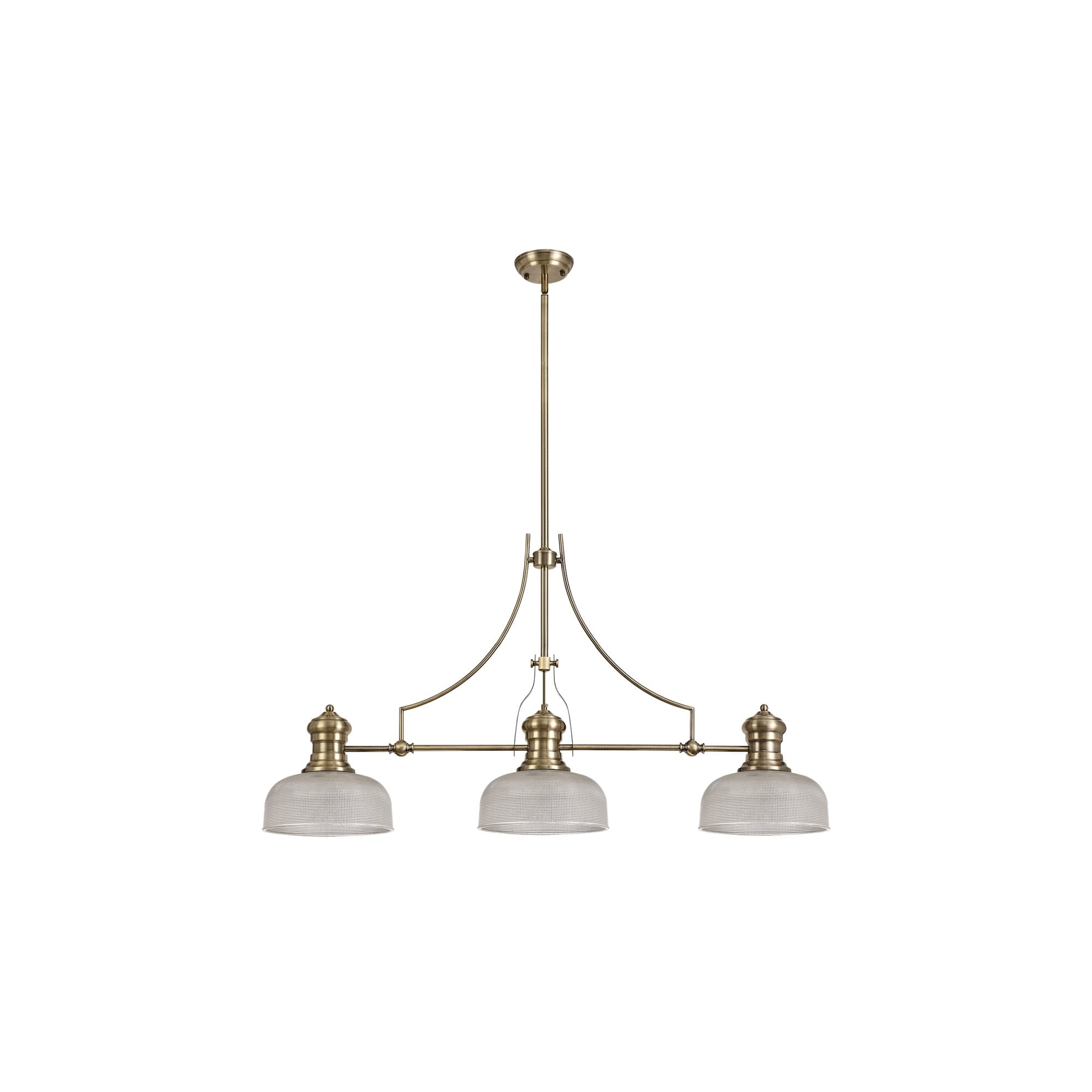 Fabula Epping 3 Light Linear Pendant - 26.5cm Prismatic Glass Shades - Antique Brass & Clear Glass