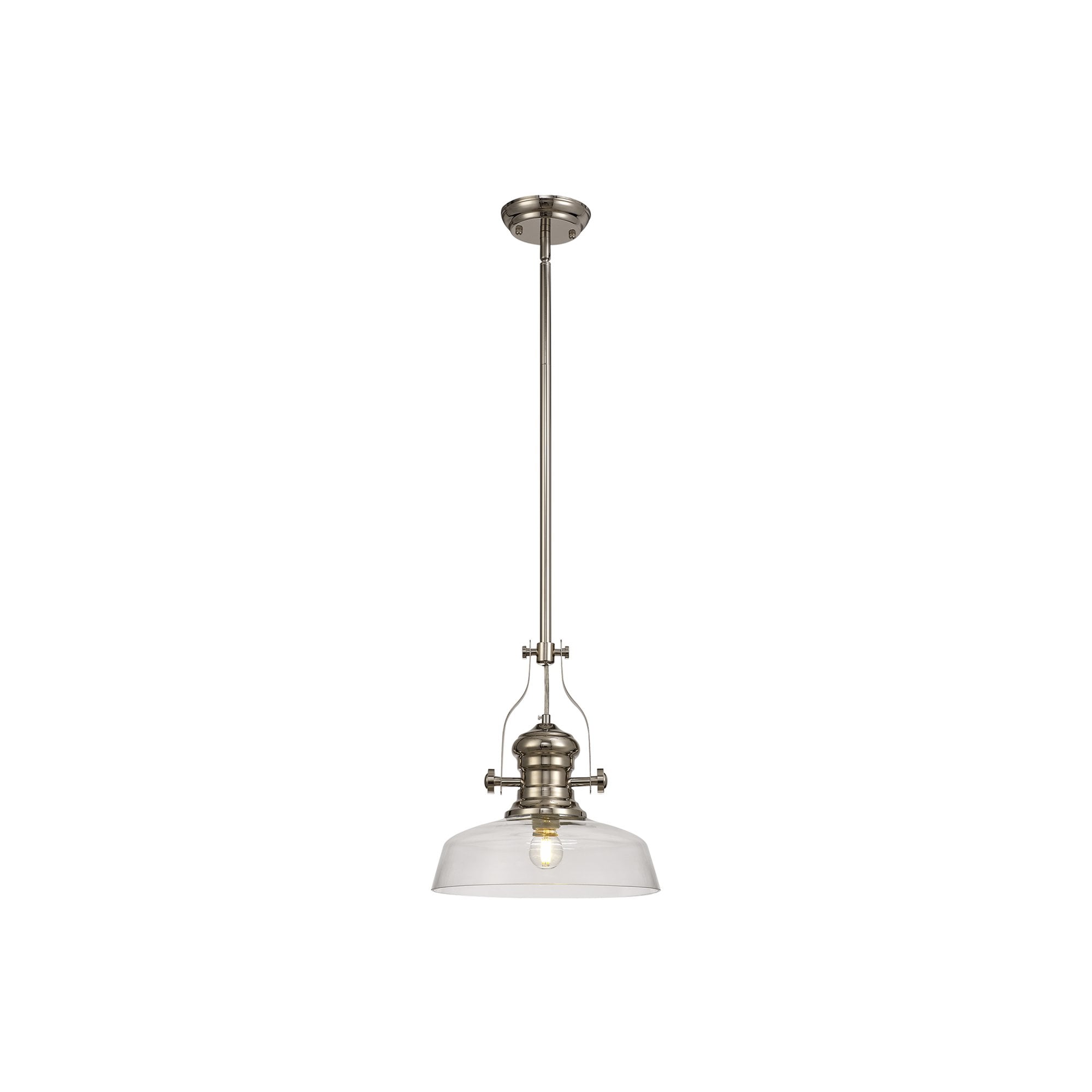 Fabula Epping Single Pendant - 30cm Flat Round Glass Shade - Polished Nickel & Clear Glass