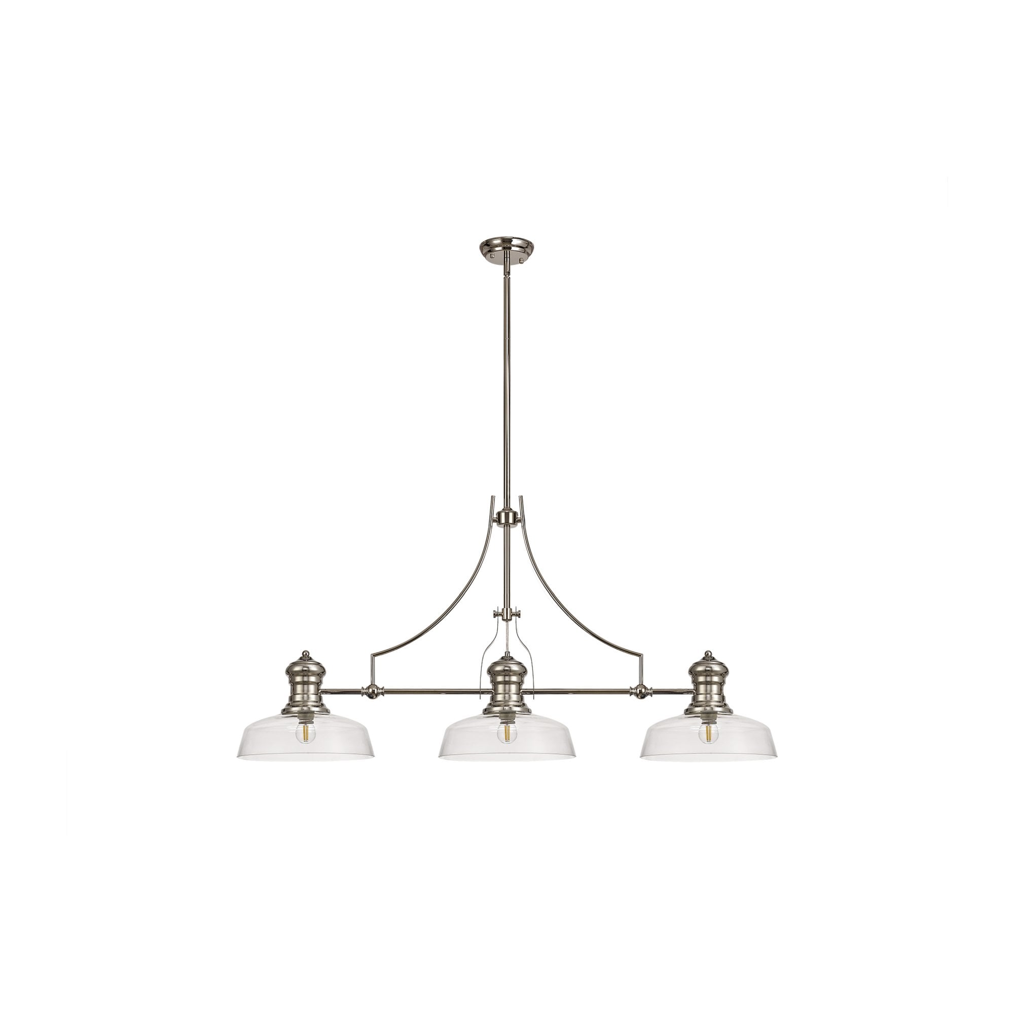 Fabula Epping 3 Light Linear Pendant - 30cm Flat Round Glass Shades - Polished Nickel & Clear Glass