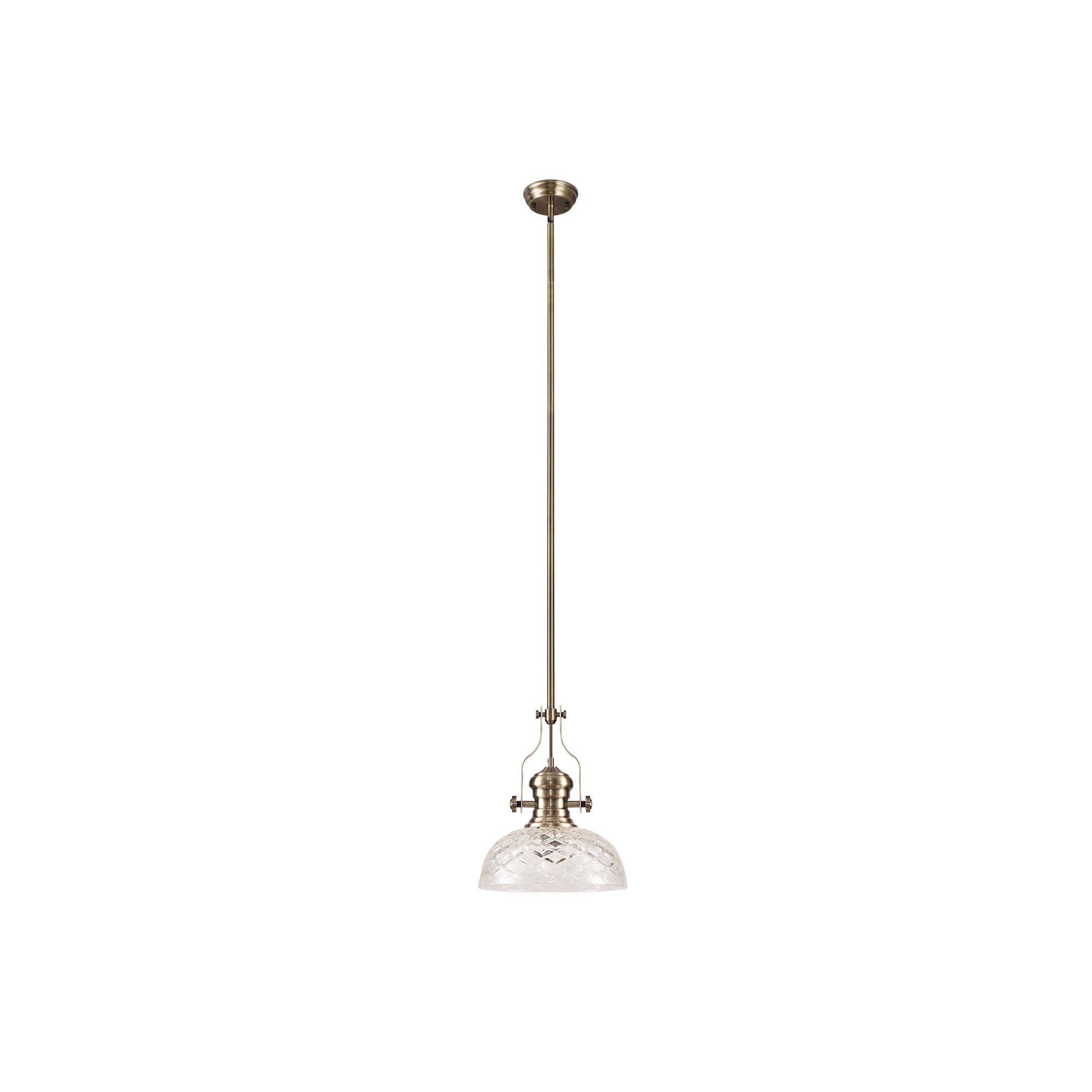 Fabula Epping Single Pendant - 30cm Flat Round Patterned Shade - Antique Brass & Clear Glass