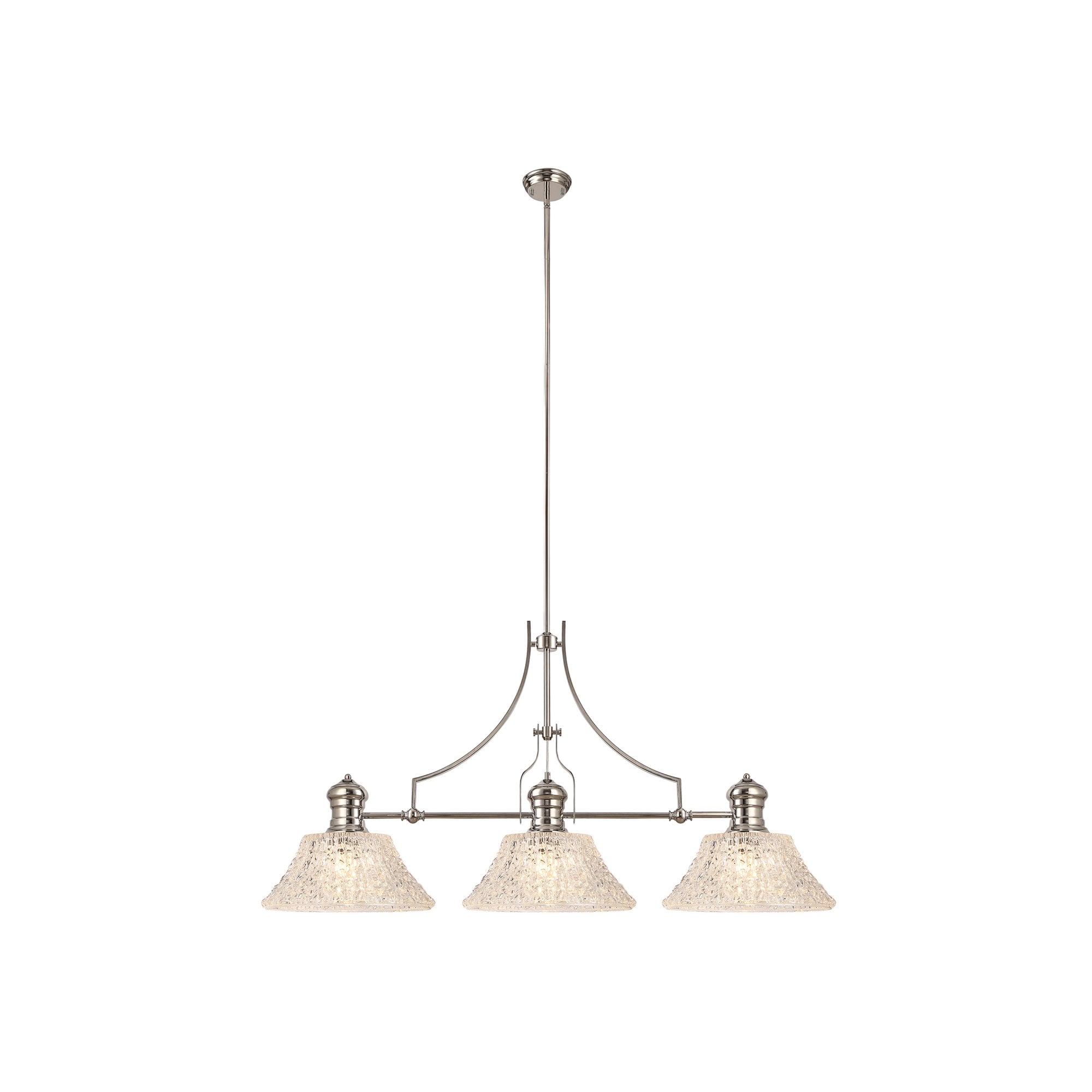 Fabula Epping 3 Light Linear Pendant - 38cm Patterned Round Glass Shades - Polished Nickel & Clear Glass