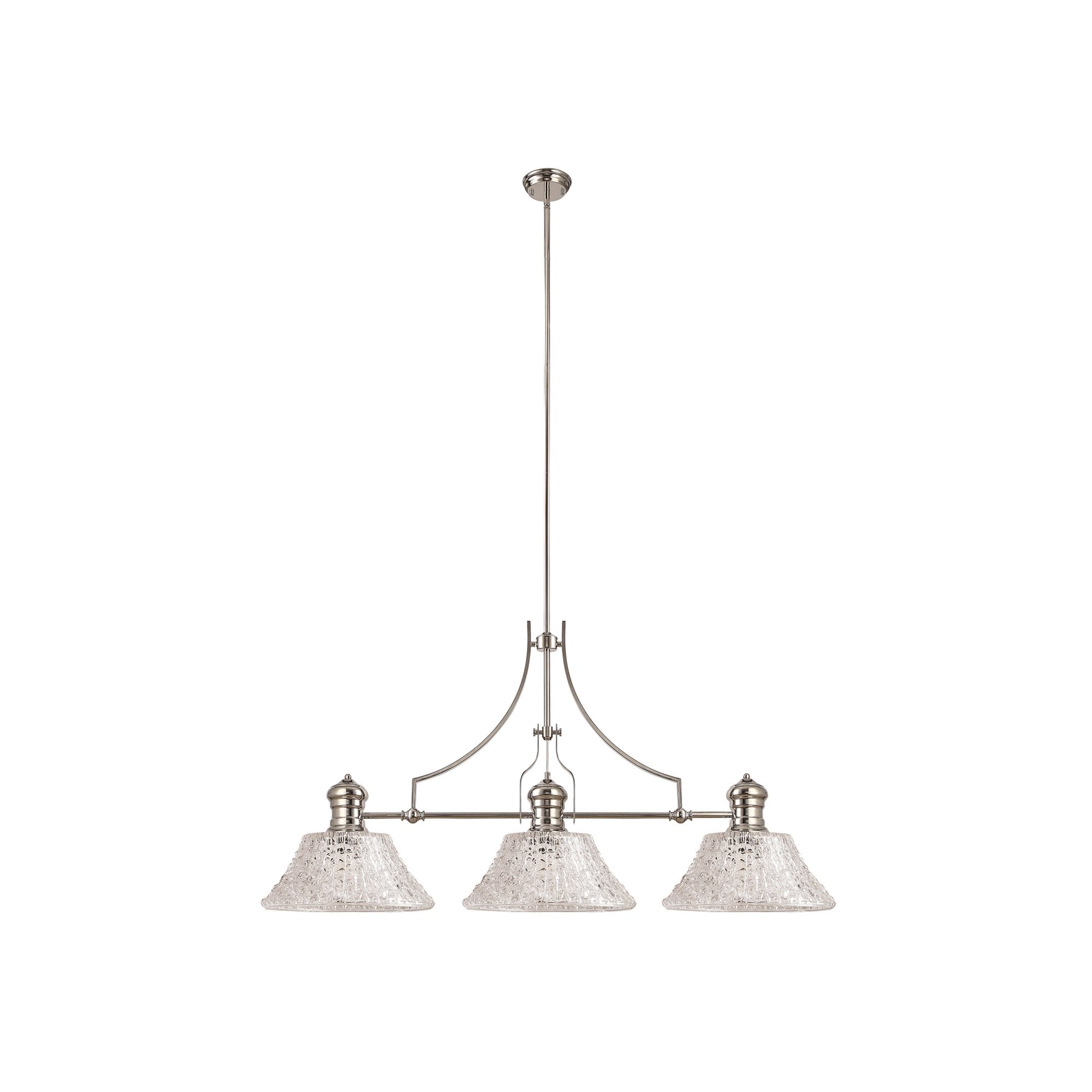 Fabula Epping 3 Light Linear Pendant - 38cm Patterned Round Glass Shades - Polished Nickel & Clear Glass