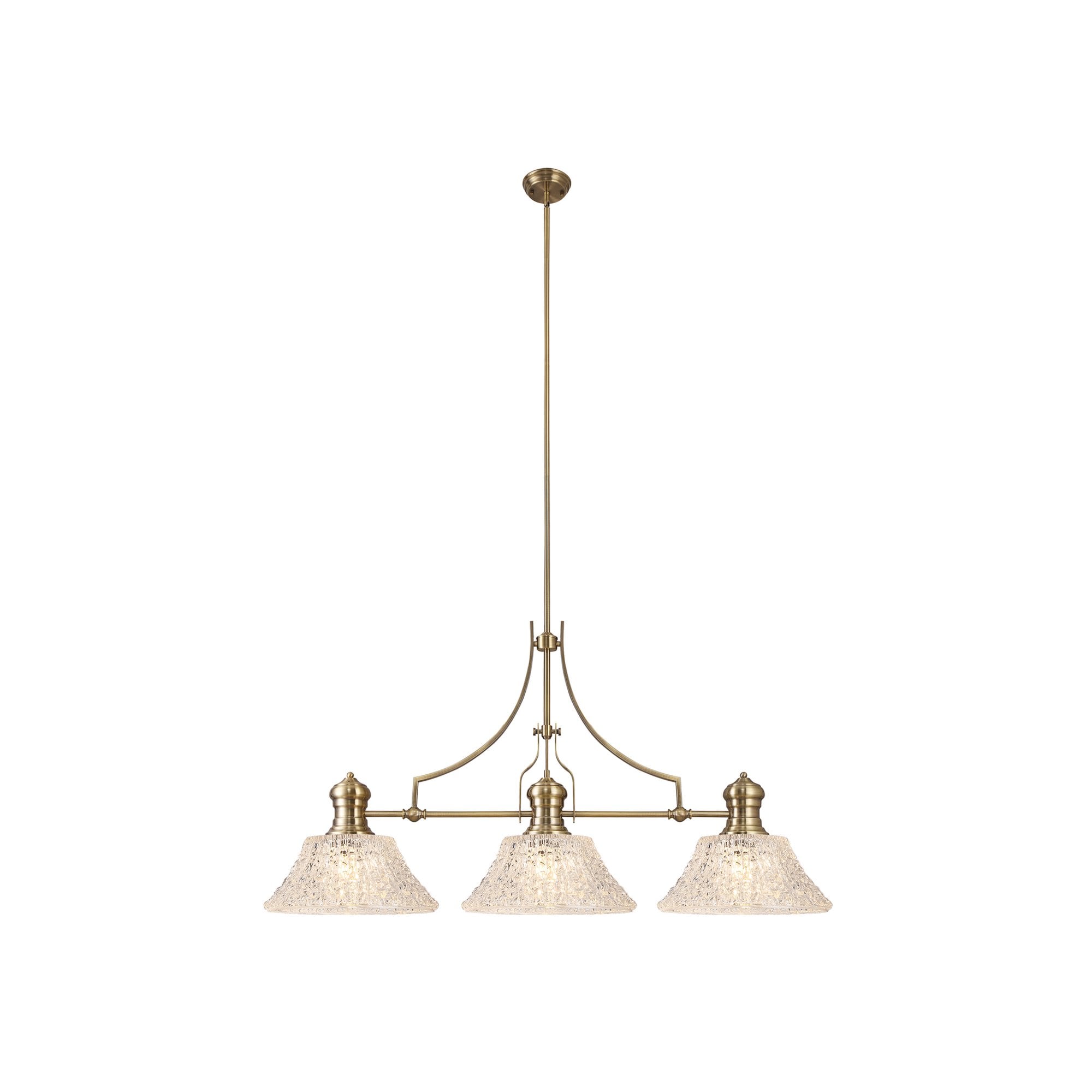 Fabula Epping 3 Light Linear Pendant - 38cm Patterned Round Glass Shades - Antique Brass & Clear Glass