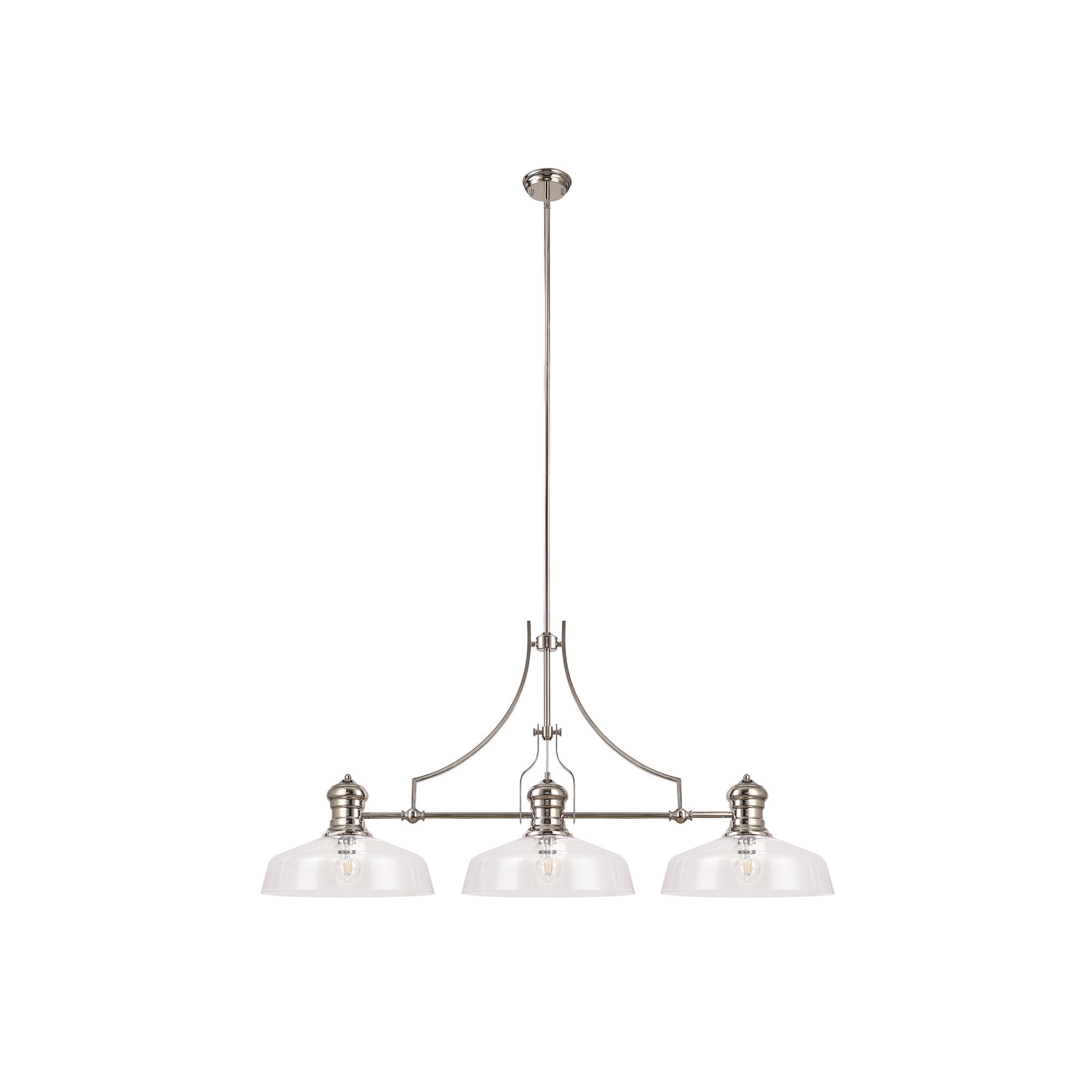 Fabula Epping 3 Light Linear Pendant - 38cm Flat Round Shades - Polished Nickel & Clear Glass