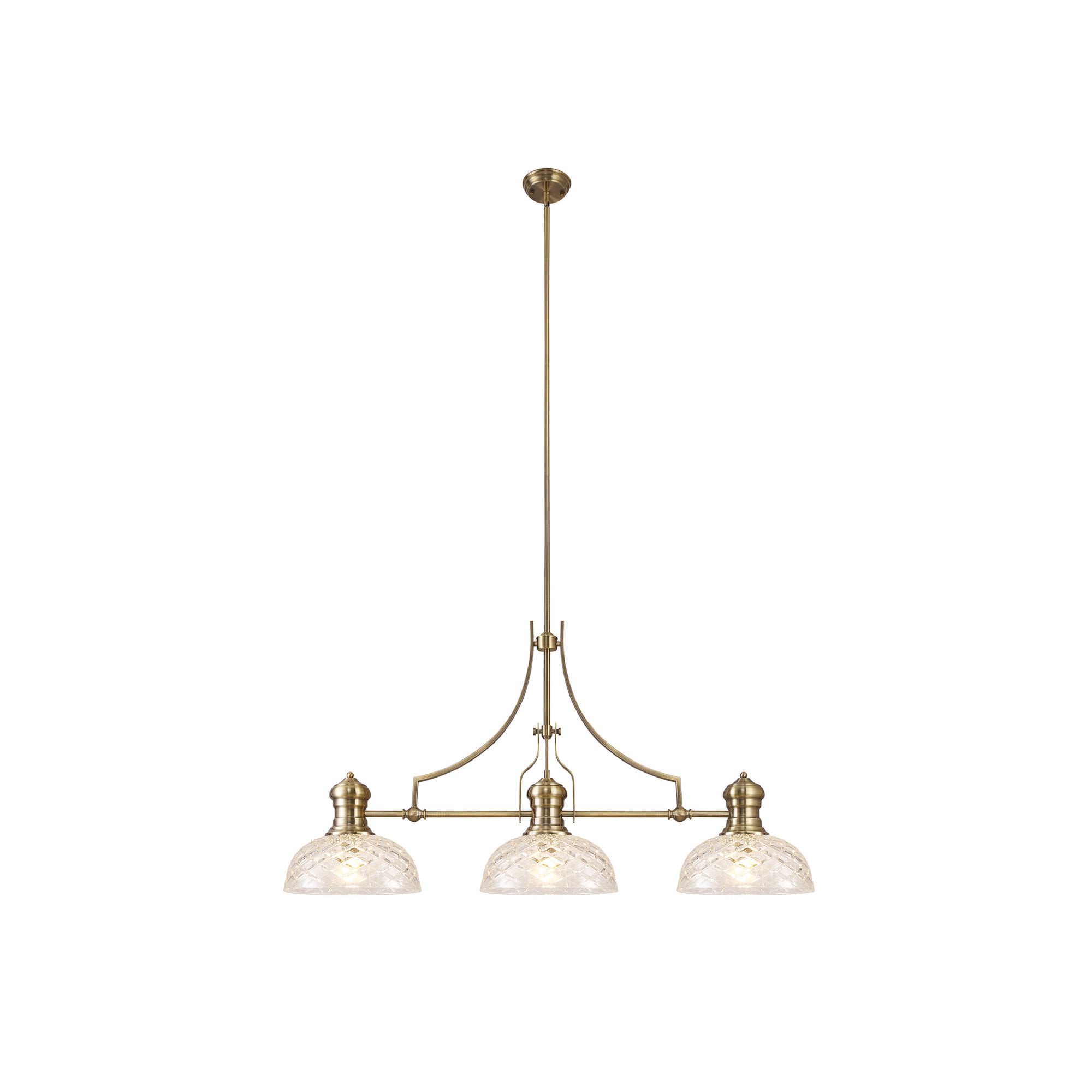 Fabula Epping 3 Light Linear Pendant - 30cm Flat Round Patterned Shades - Antique Brass & Clear Glass