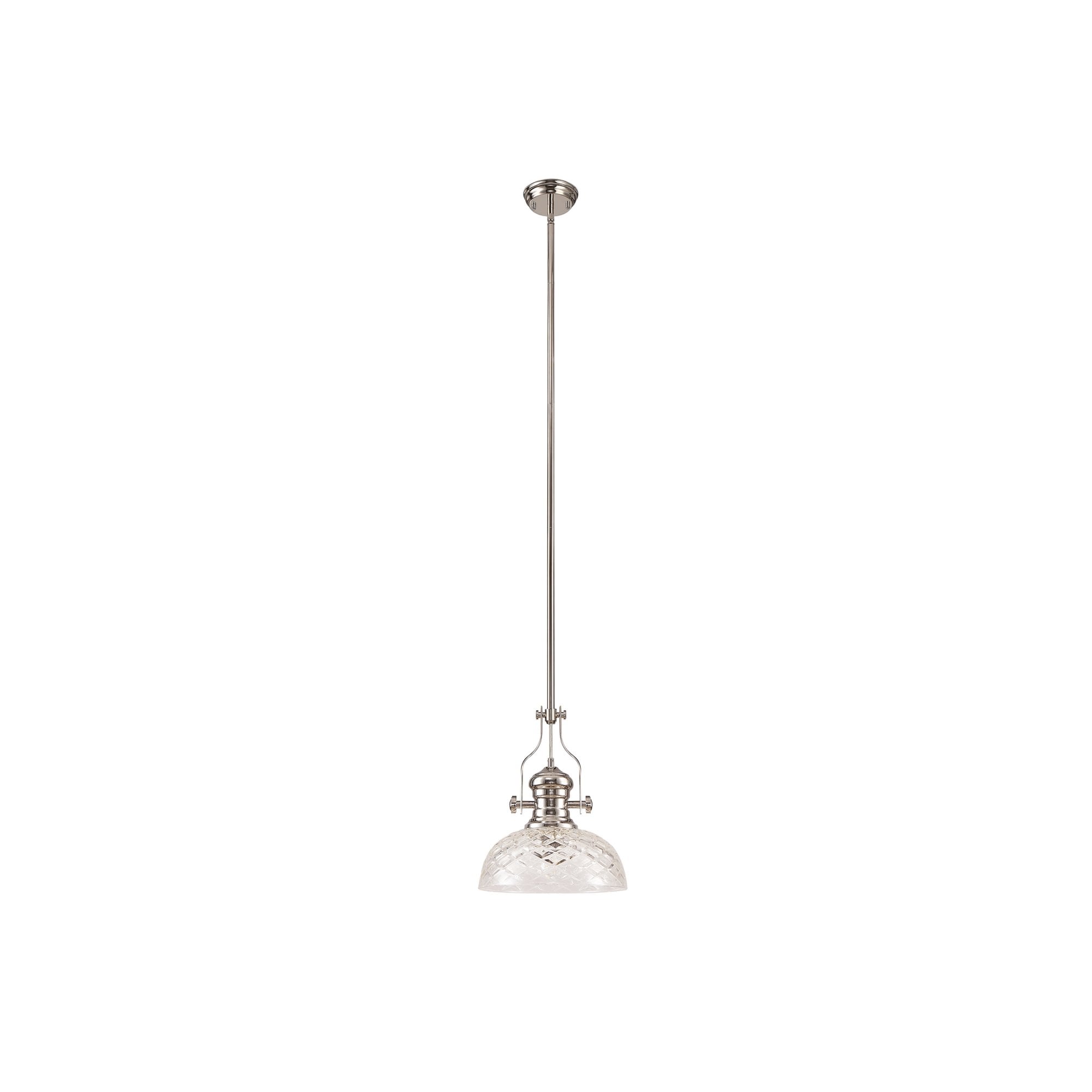 Fabula Epping Single Pendant - 30cm Flat Round Patterned Shade - Polished Nickel & Clear Glass
