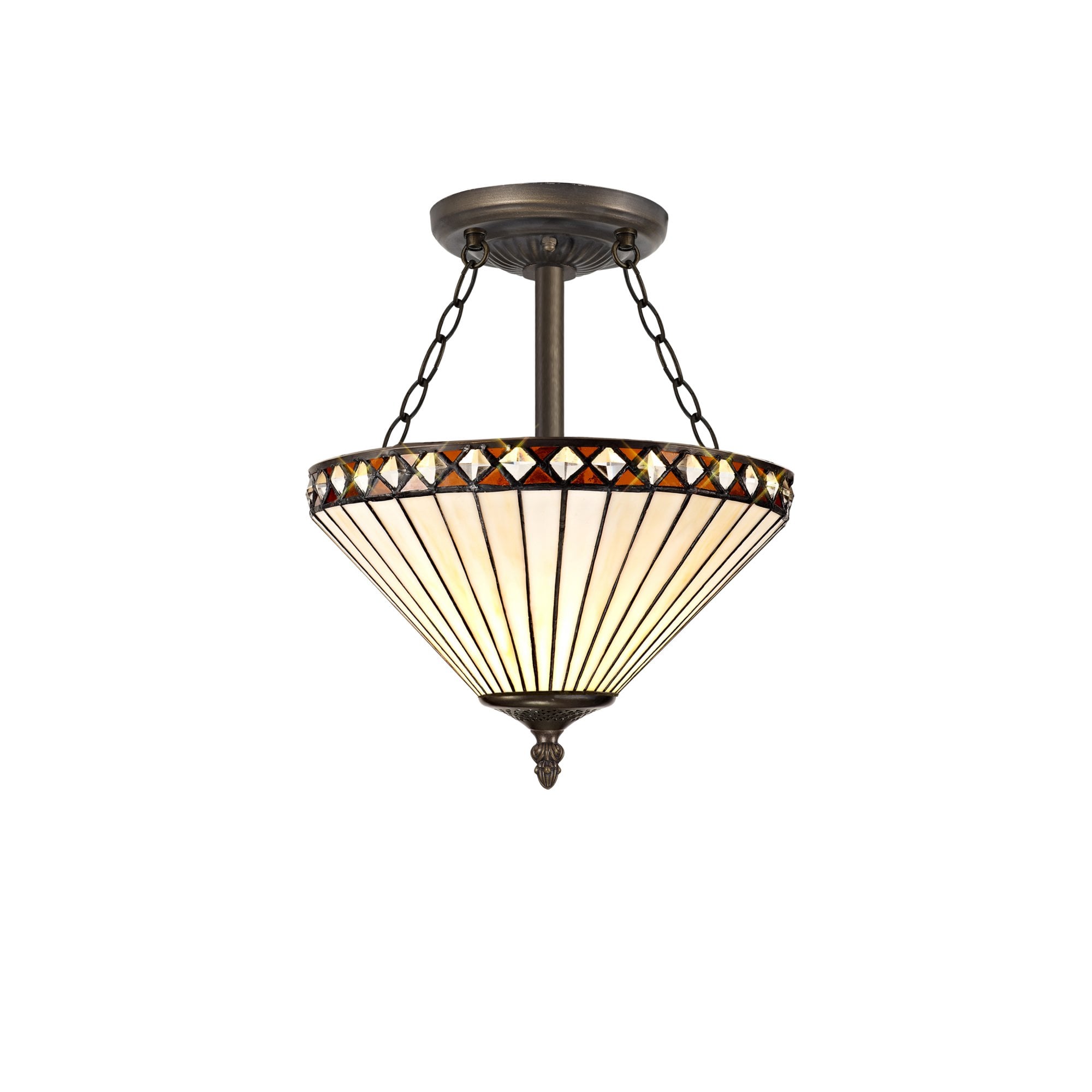 Fabula Westall 3 Light Semi-Flush Light - 30cm Tiffany Shade - Amber & Cream