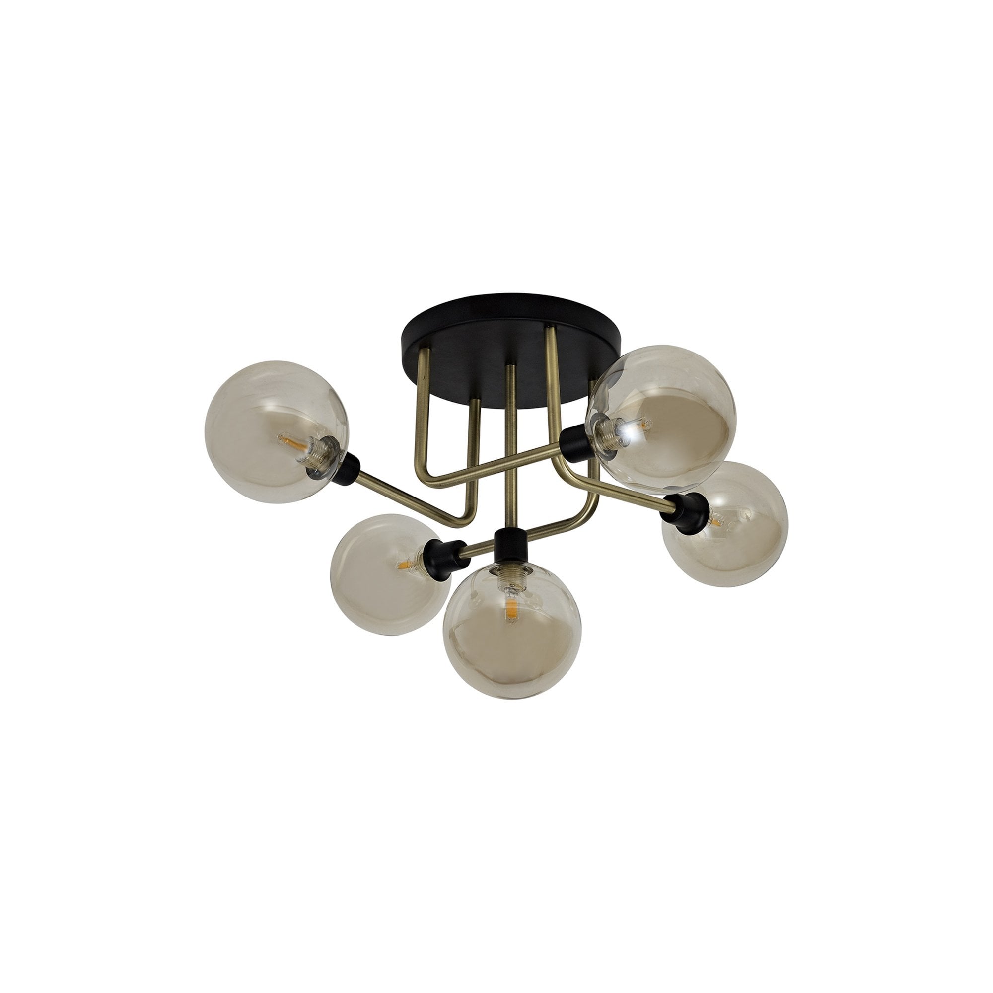 Fabula Appleby 5 Light Flush Light - Matt Black, Antique Brass & Cognac Glass