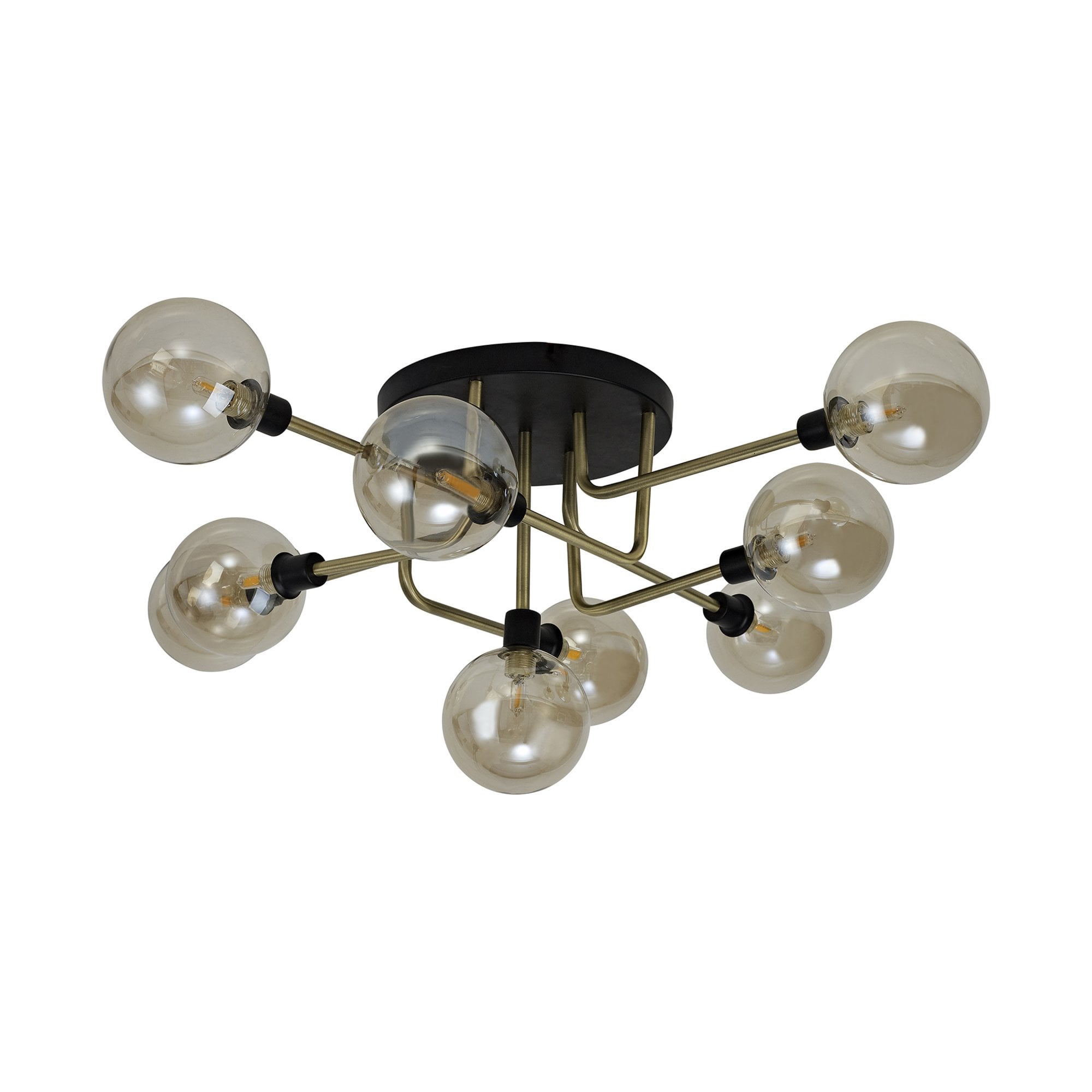 Fabula Appleby 9 Light Flush Light - Matt Black, Antique Brass & Cognac Glass