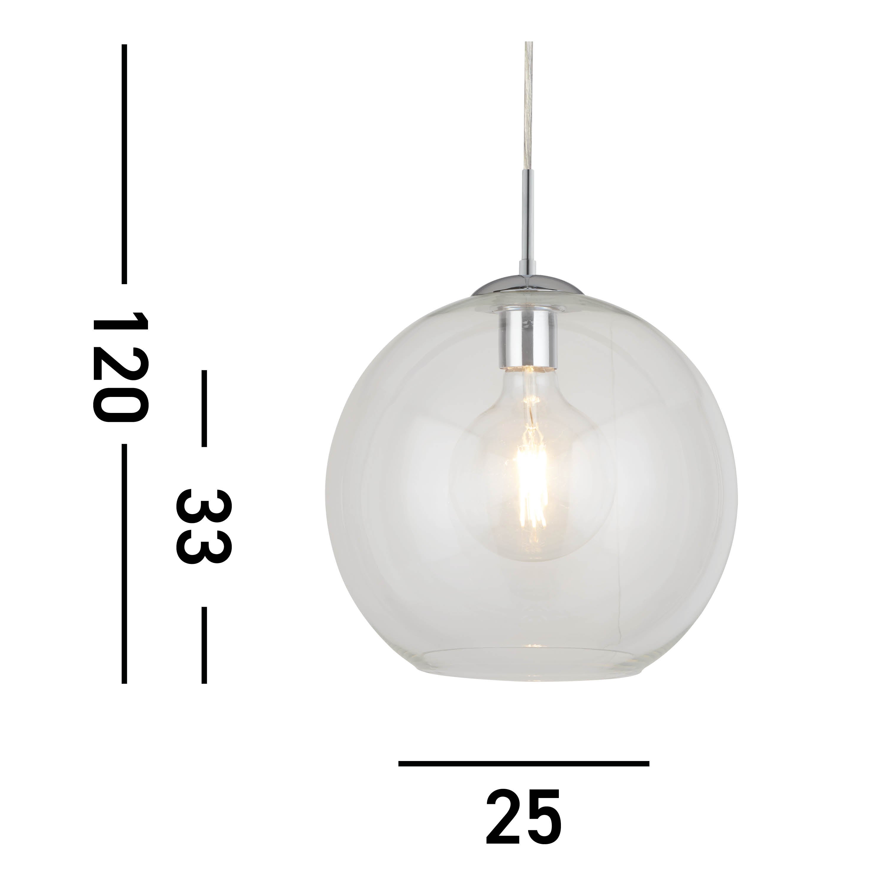 Searchlight Baines Single Round Pendant (25cm Diameter), Clear Glass, Chrome