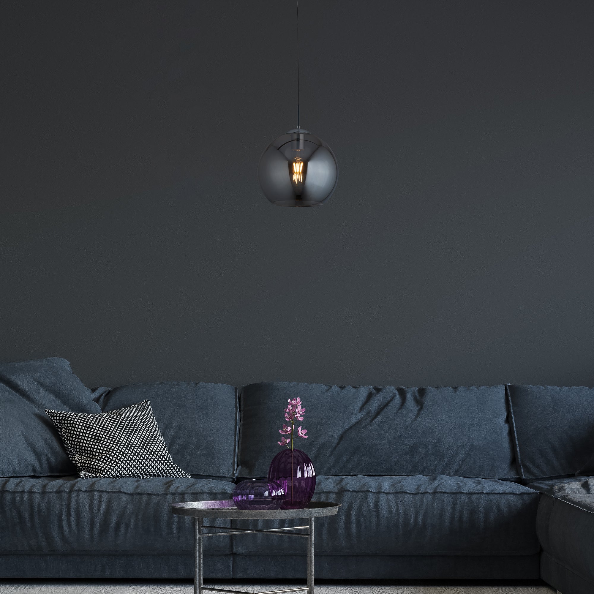 Searchlight Baines Single Round Pendant (25cm Diameter), Smoked Glass, Chrome