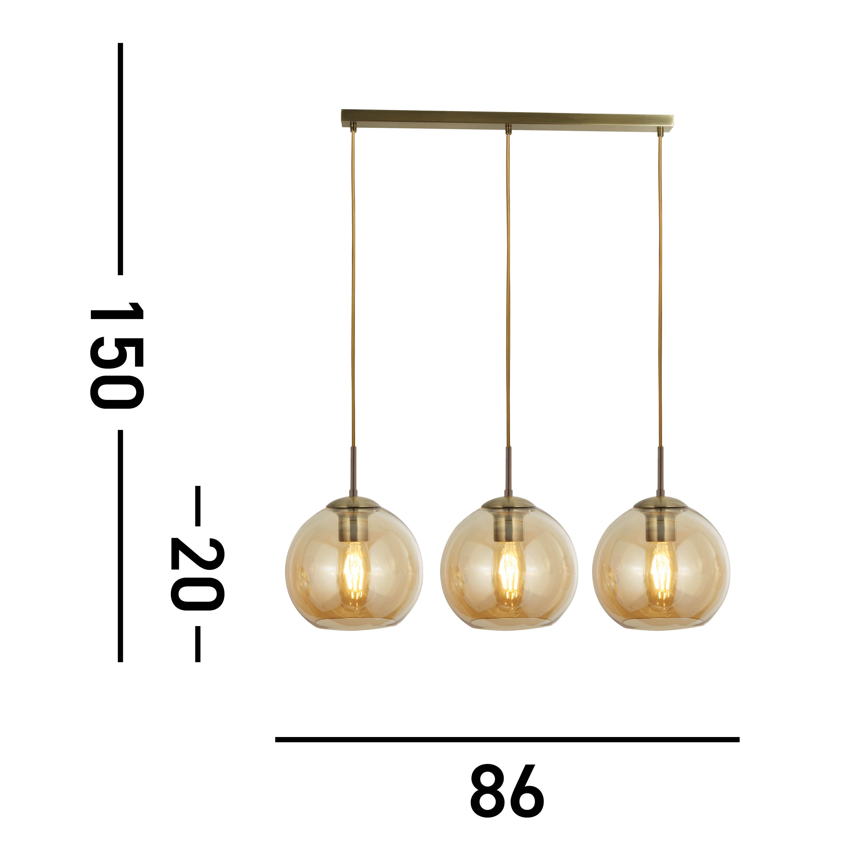Searchlight Pendant 3 Light Bar, Antique Brass With Amber Glass