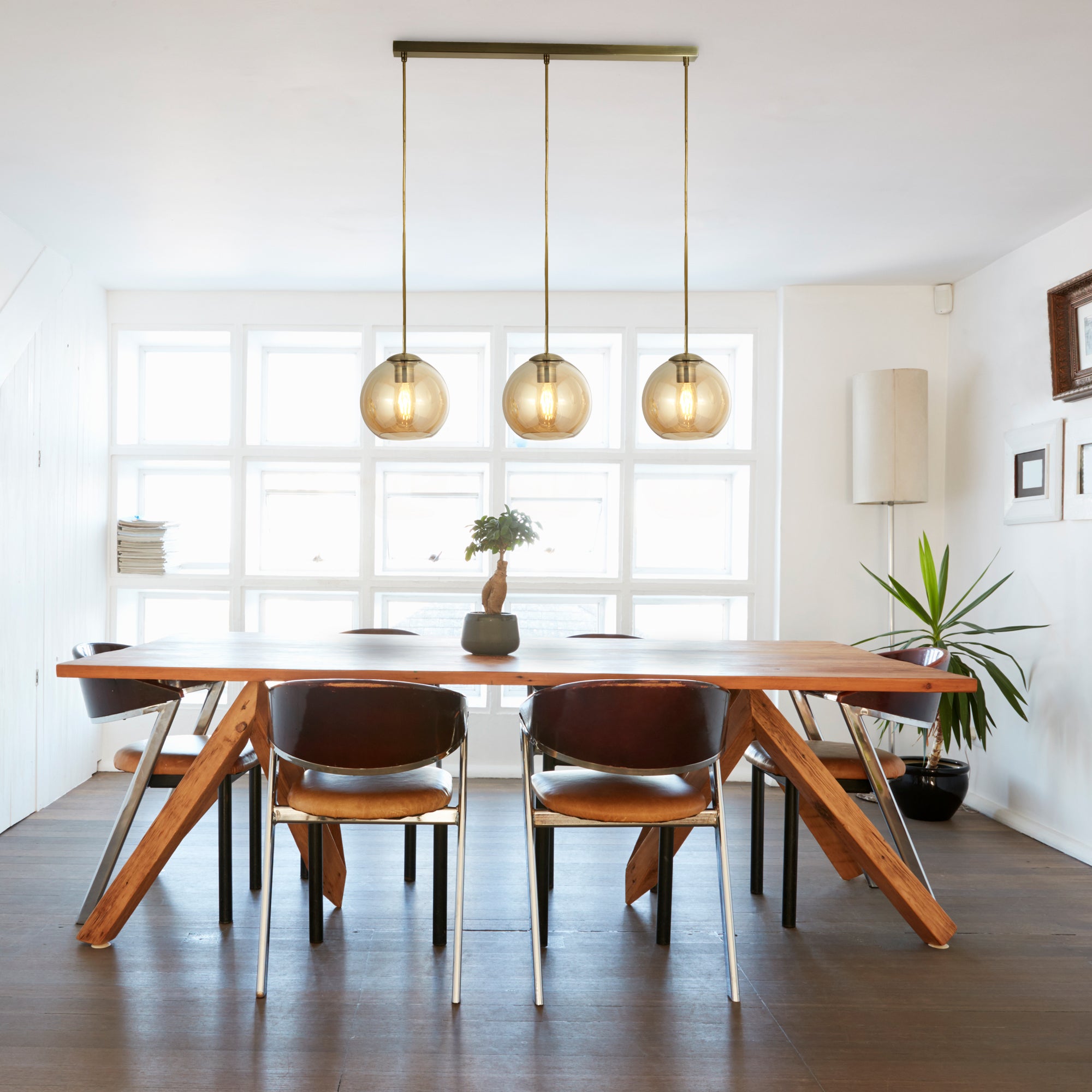 Searchlight Pendant 3 Light Bar, Antique Brass With Amber Glass