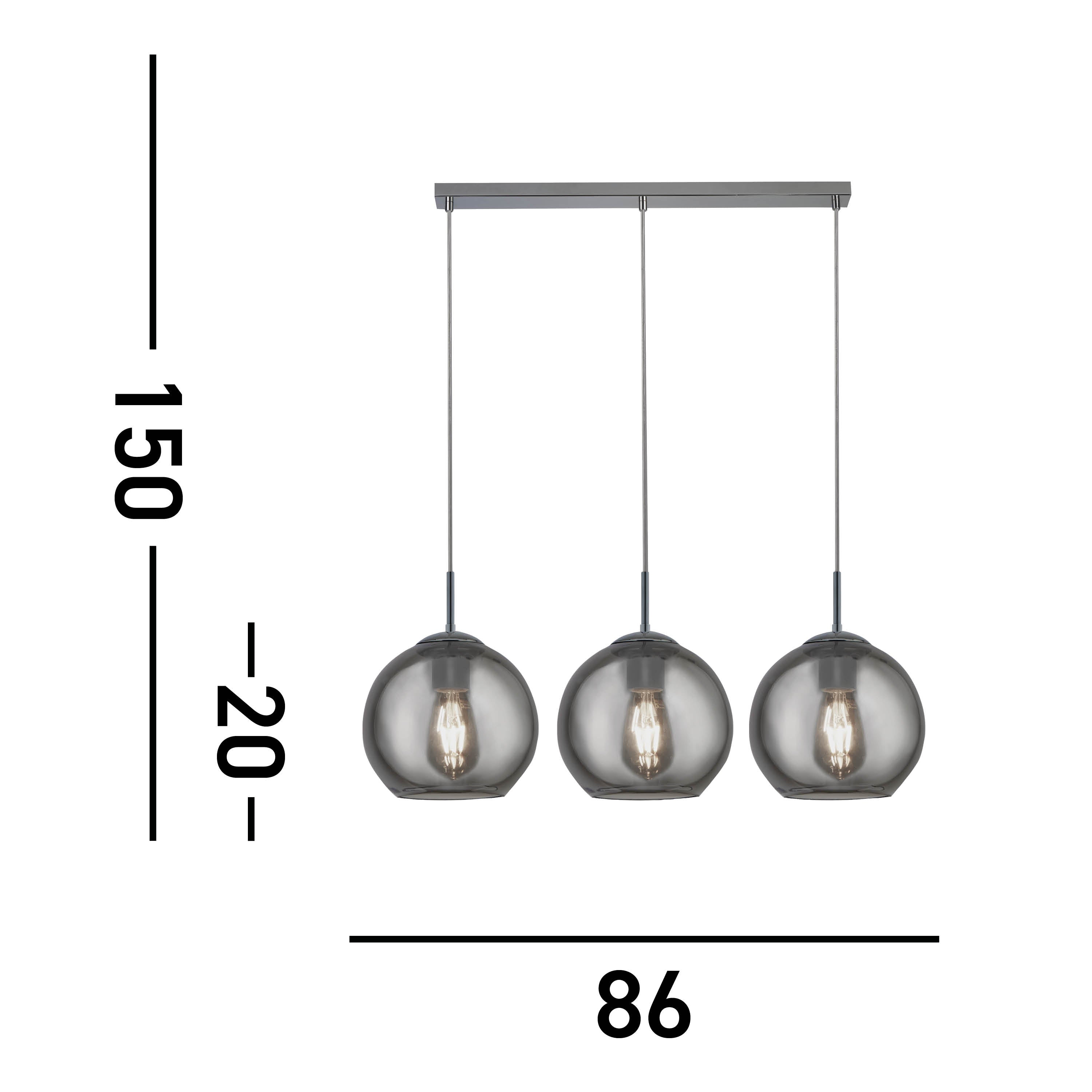 Searchlight Pendant 3 Light Bar, Chrome With Smoke Glass