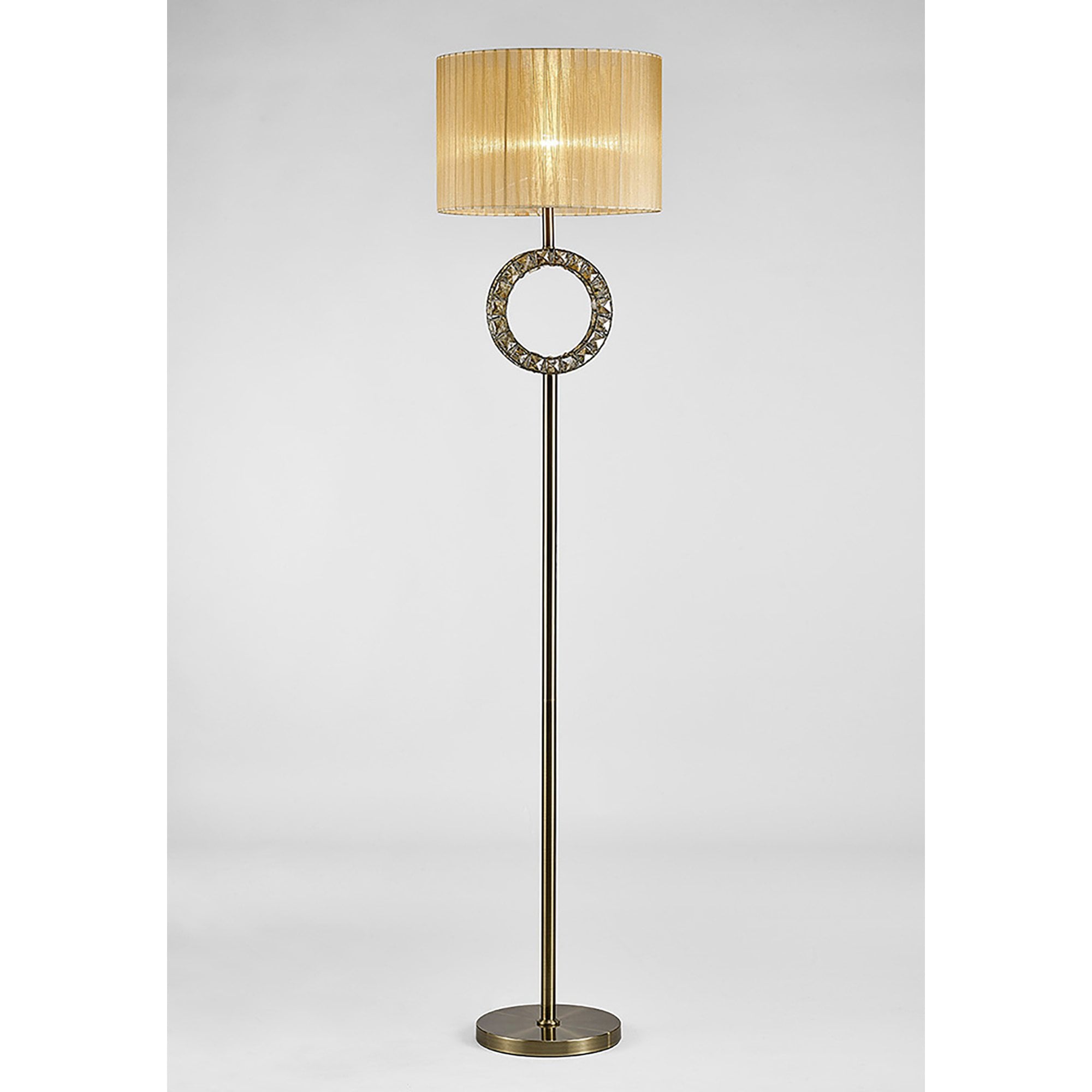 Diyas IL31721 Florence Round Floor Lamp With Soft Bronze Shade 1 Light Antique Brass/Crystal