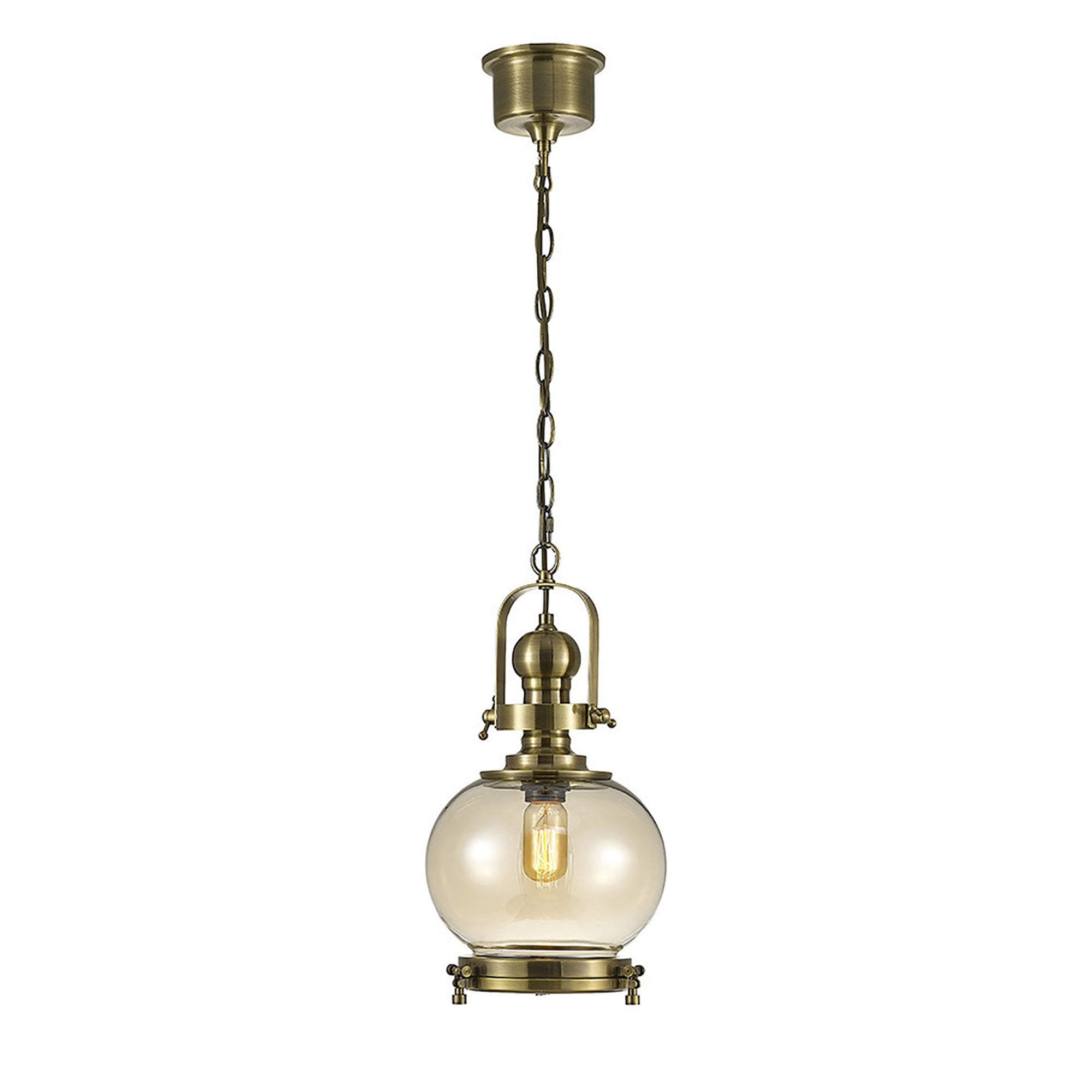Diyas IL31596 Riley Single Small Ball Pendant 1 Light E27 Antique Brass/Cognac Glass