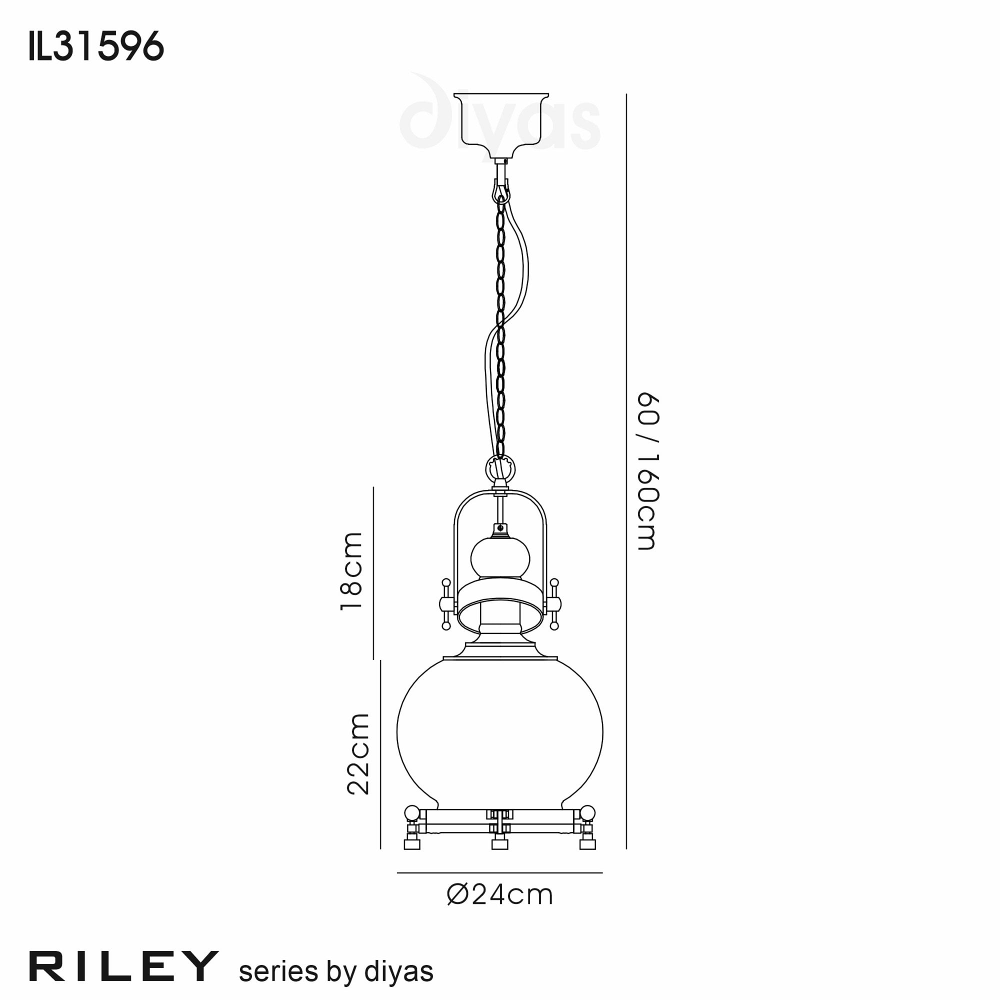 Diyas IL31596 Riley Single Small Ball Pendant 1 Light E27 Antique Brass/Cognac Glass