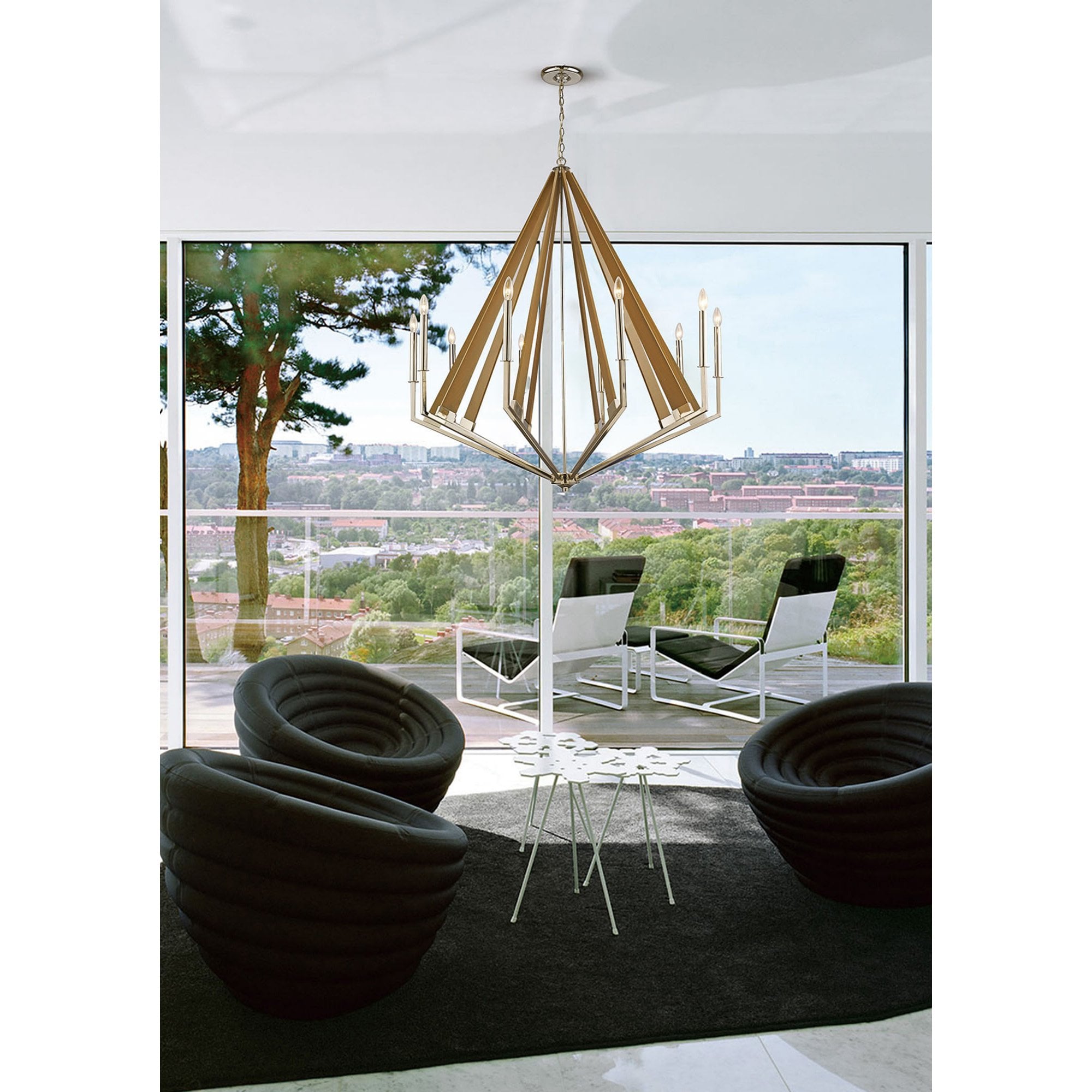 Diyas IL31683 Hilton Decagonal Pendant 10 Light E14 Polished Nickel/Taupe Wood (ITEM REQUIRES ASSEMBLY)