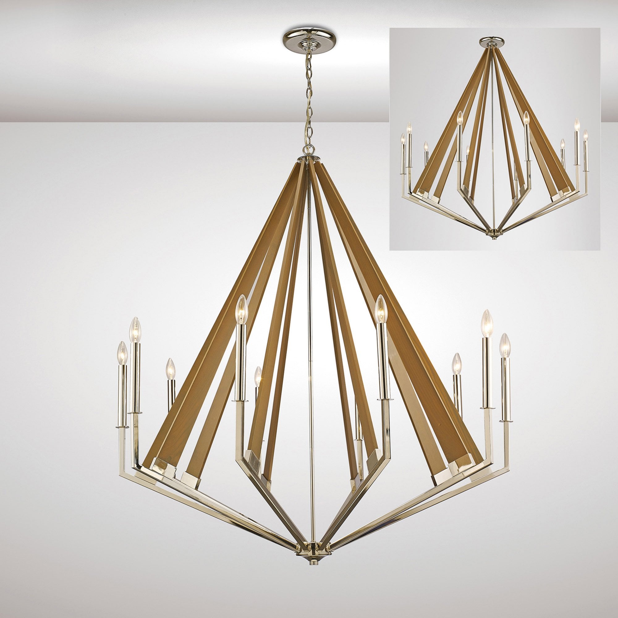 Diyas IL31683 Hilton Decagonal Pendant 10 Light E14 Polished Nickel/Taupe Wood (ITEM REQUIRES ASSEMBLY)