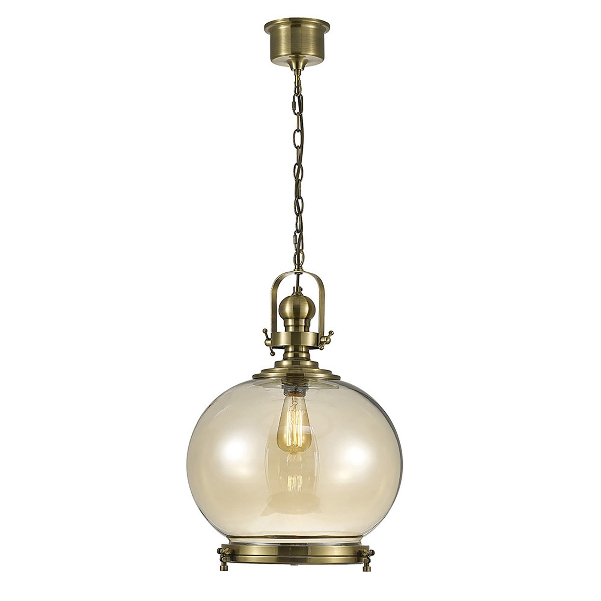 Diyas IL31598 Riley Single Large Ball Pendant 1 Light E27 Antique Brass/Cognac Glass