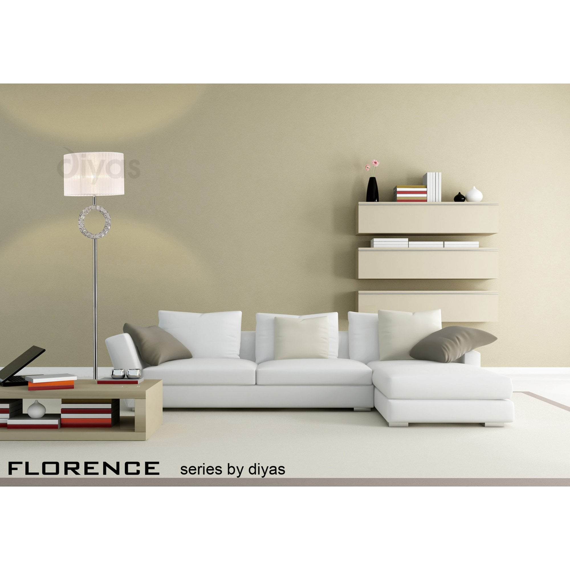 Diyas IL31535 Florence Round Floor Lamp With White Shade 1 Light Polished Chrome/Crystal