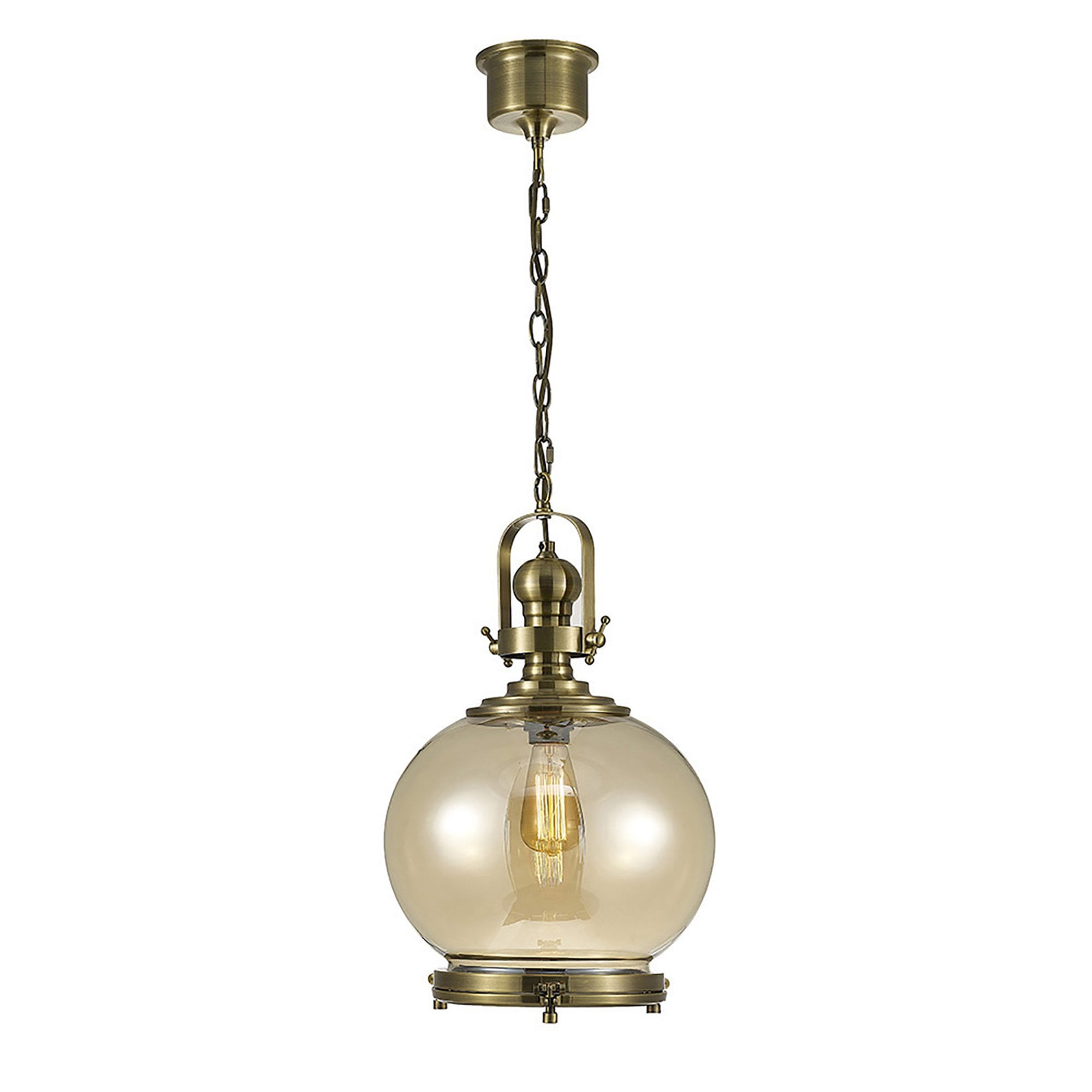 Diyas IL31597 Riley Single Medium Ball Pendant 1 Light E27 Antique Brass/Cognac Glass
