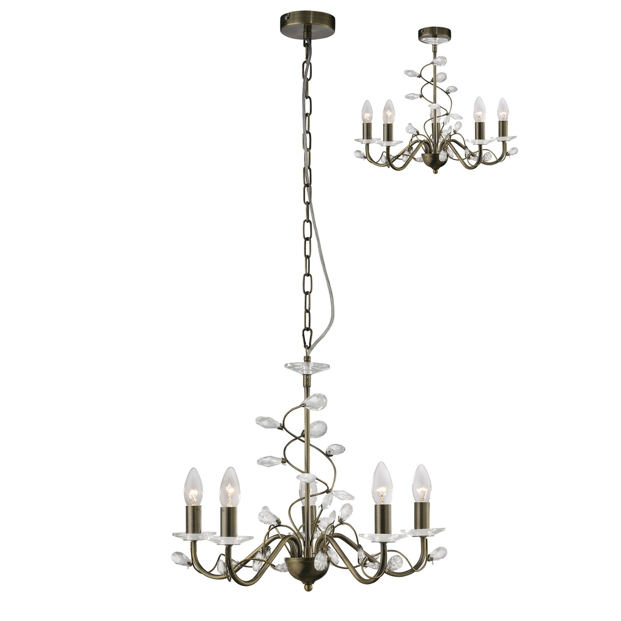 Diyas IL31225 Willow Pendant Without Shade  5 Light Antique Brass/Crystal
