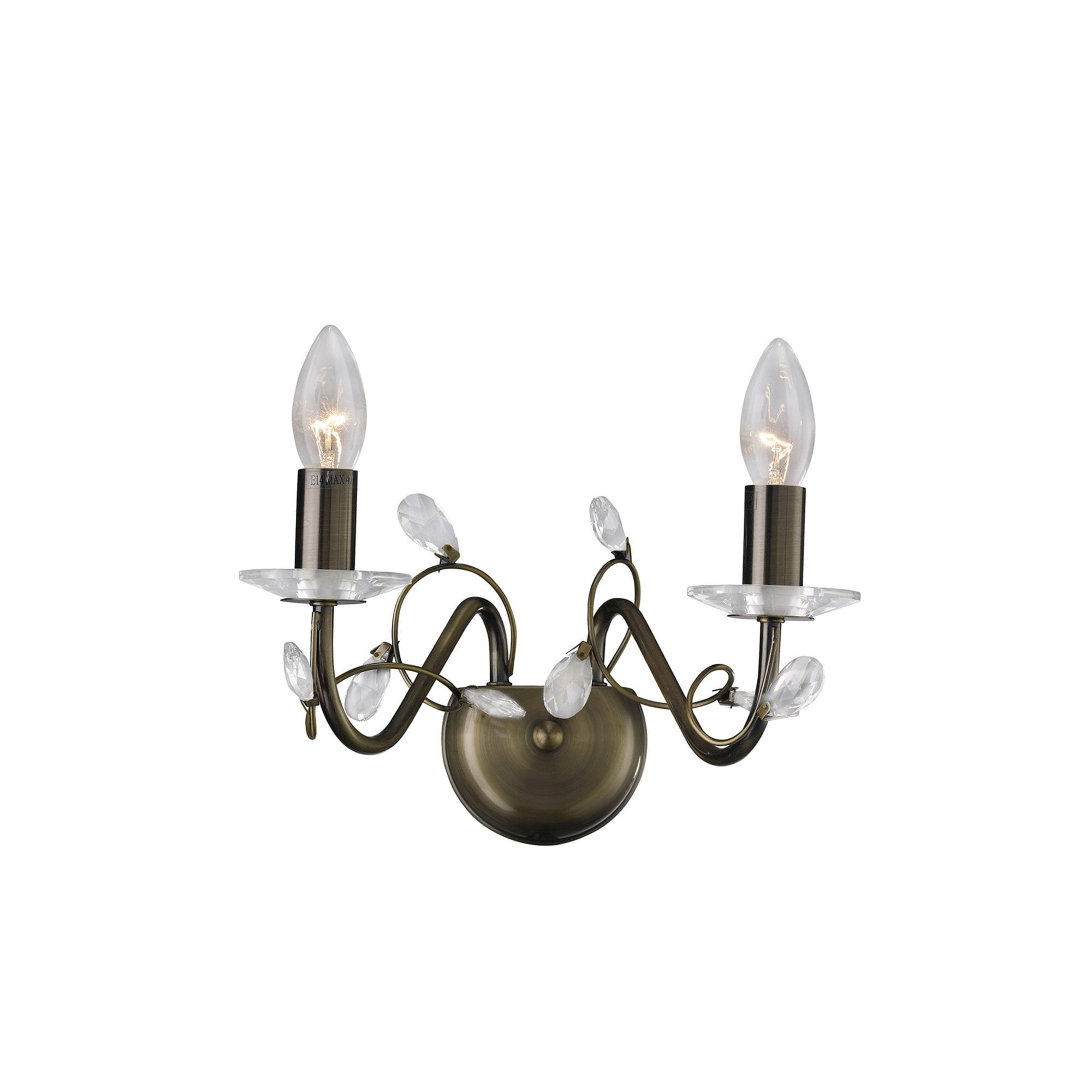 Diyas IL31222 Willow Wall Light Without Shade 2 Light Antique Brass/Crystal