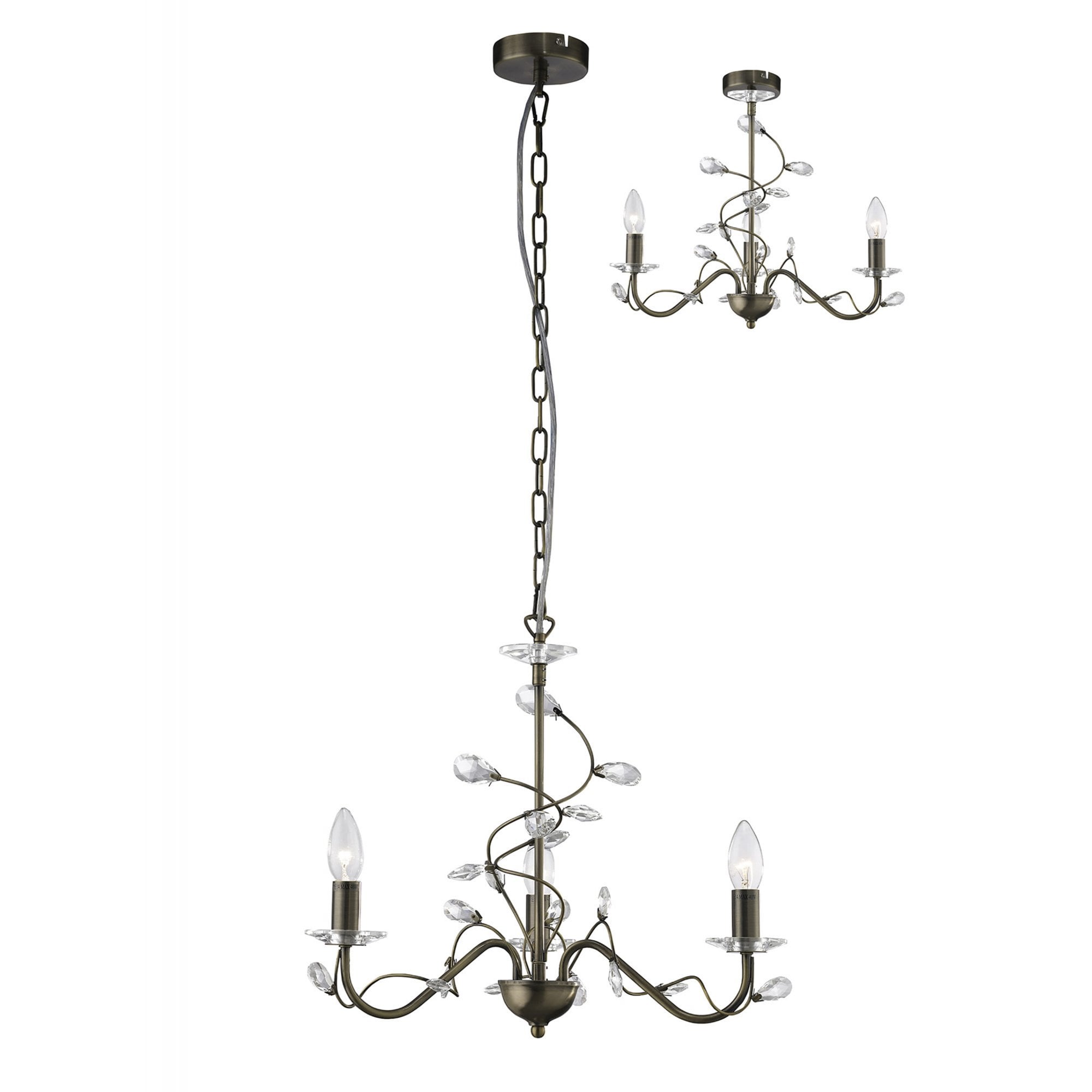Diyas IL31223 Willow Pendant 3 Without Shade Light Antique Brass/Crystal