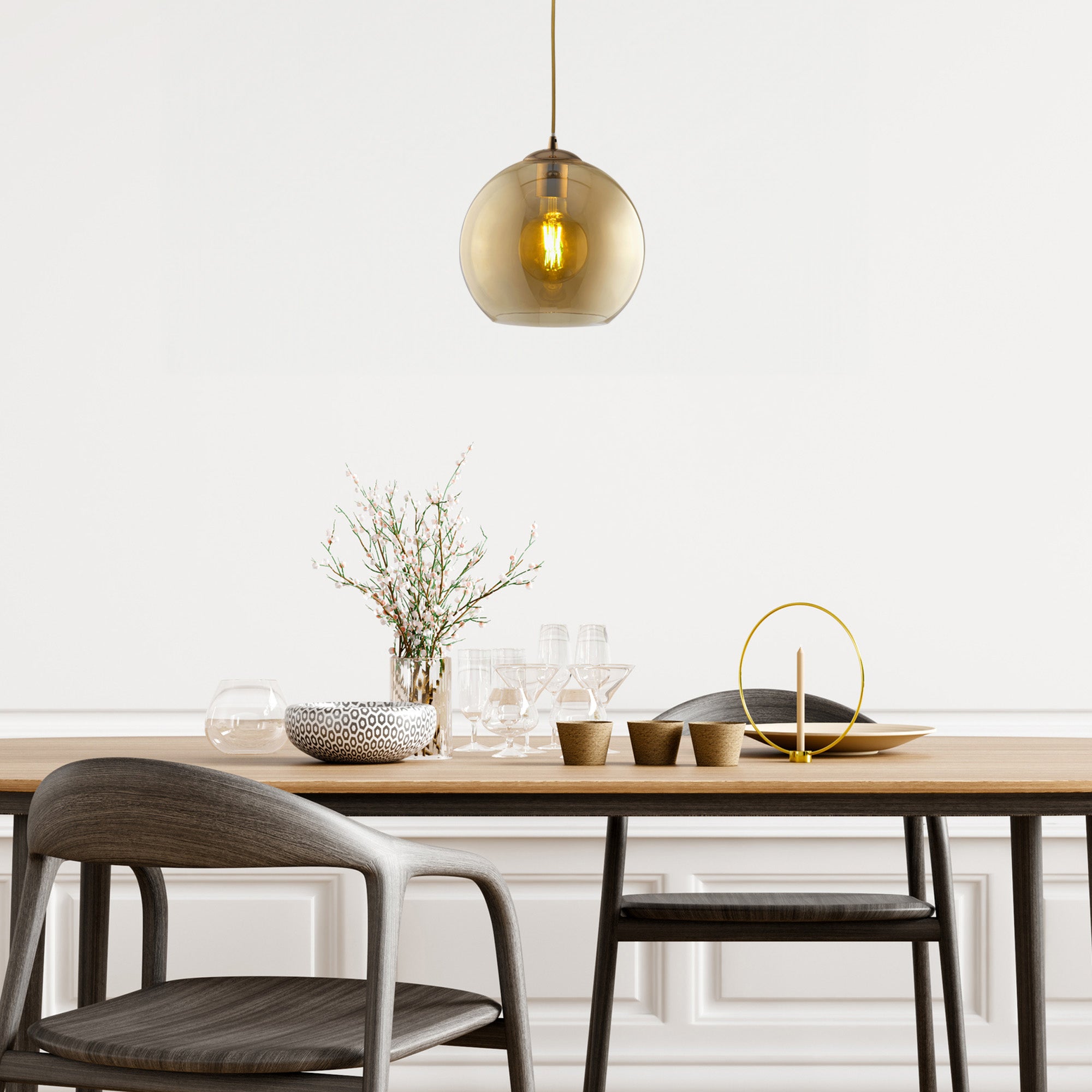 Searchlight Baines Single Round Pendant (30cm Diameter), Amber Glass, Antique Brass