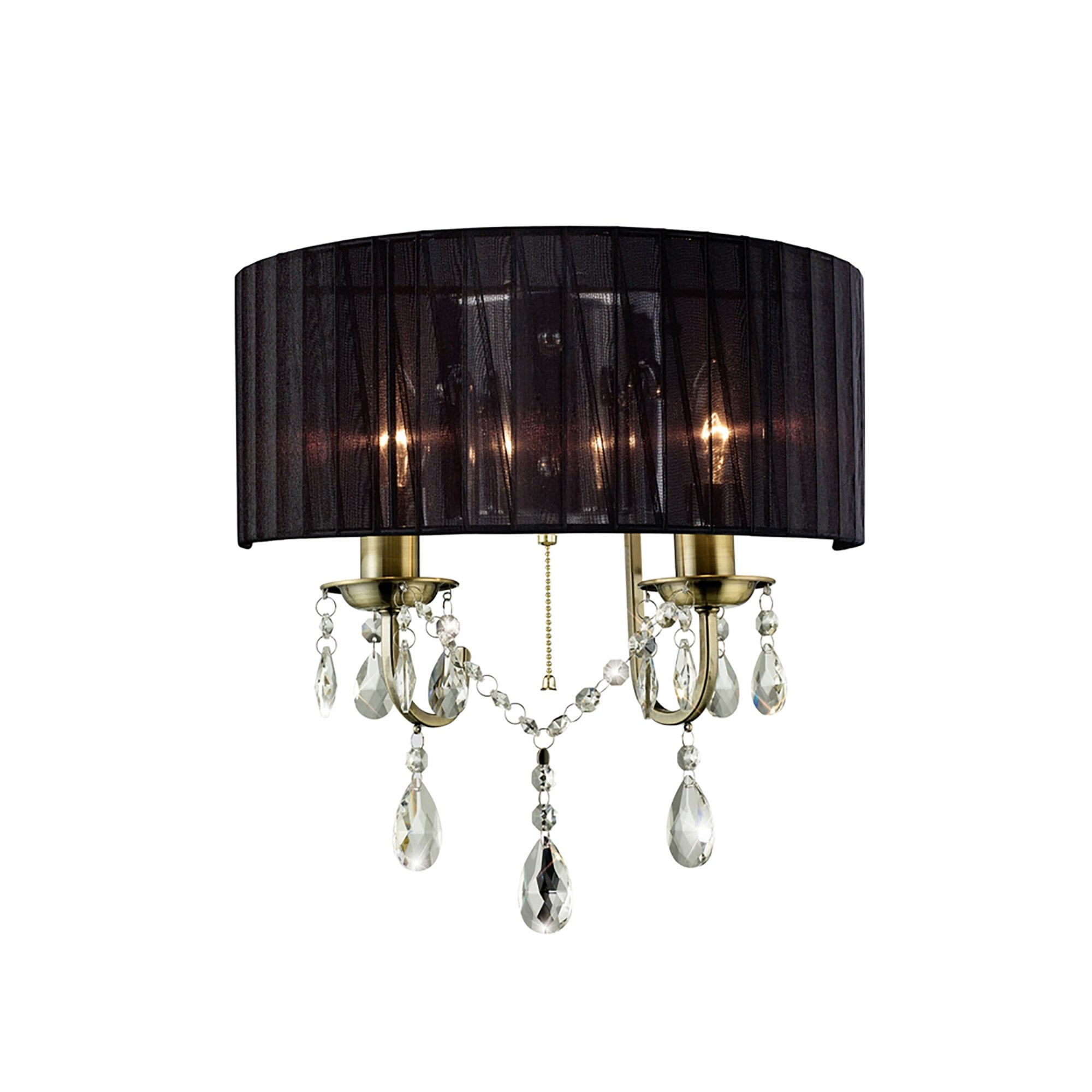 Diyas IL30064 Olivia Wall Light With Black Shade 2 Light Antique Brass/Crystal