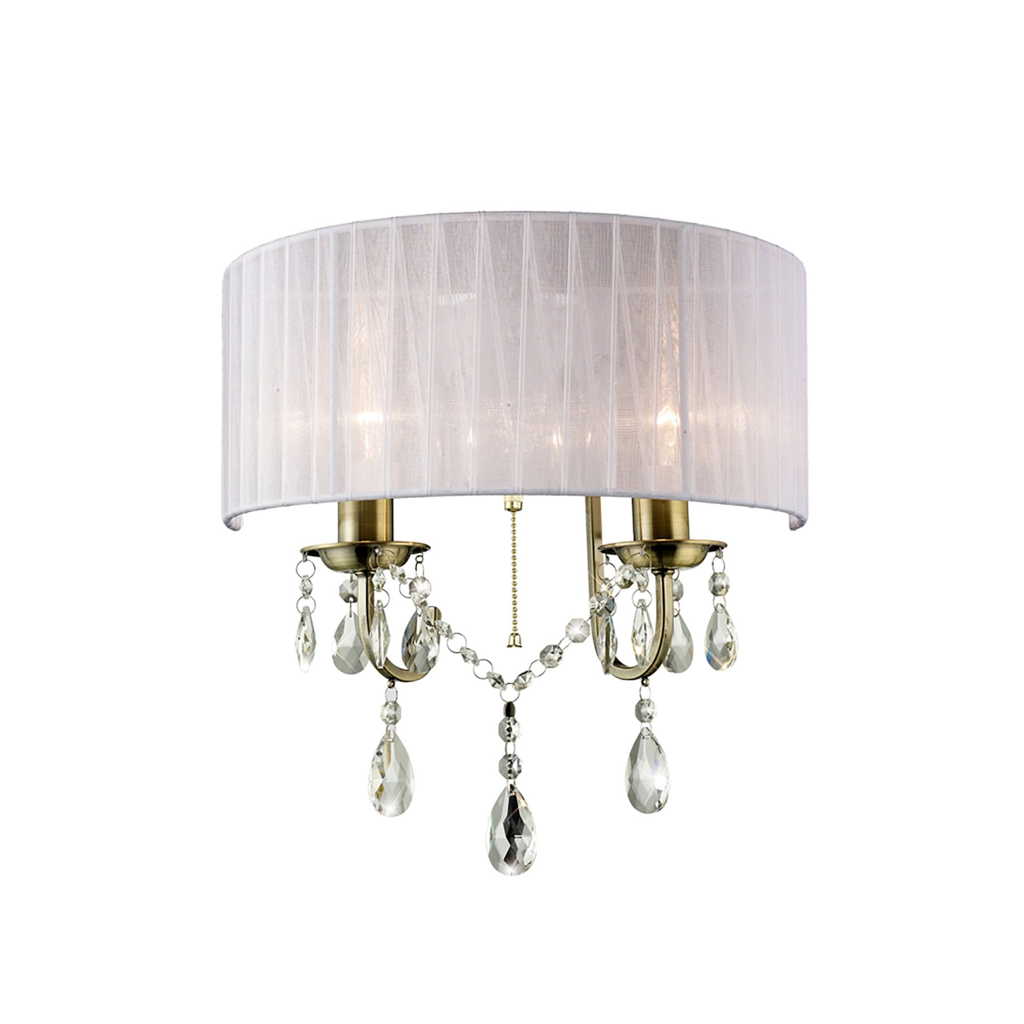 Diyas IL30064 Olivia Wall Light Switched With White Shade 2 Light Antique Brass/Crystal