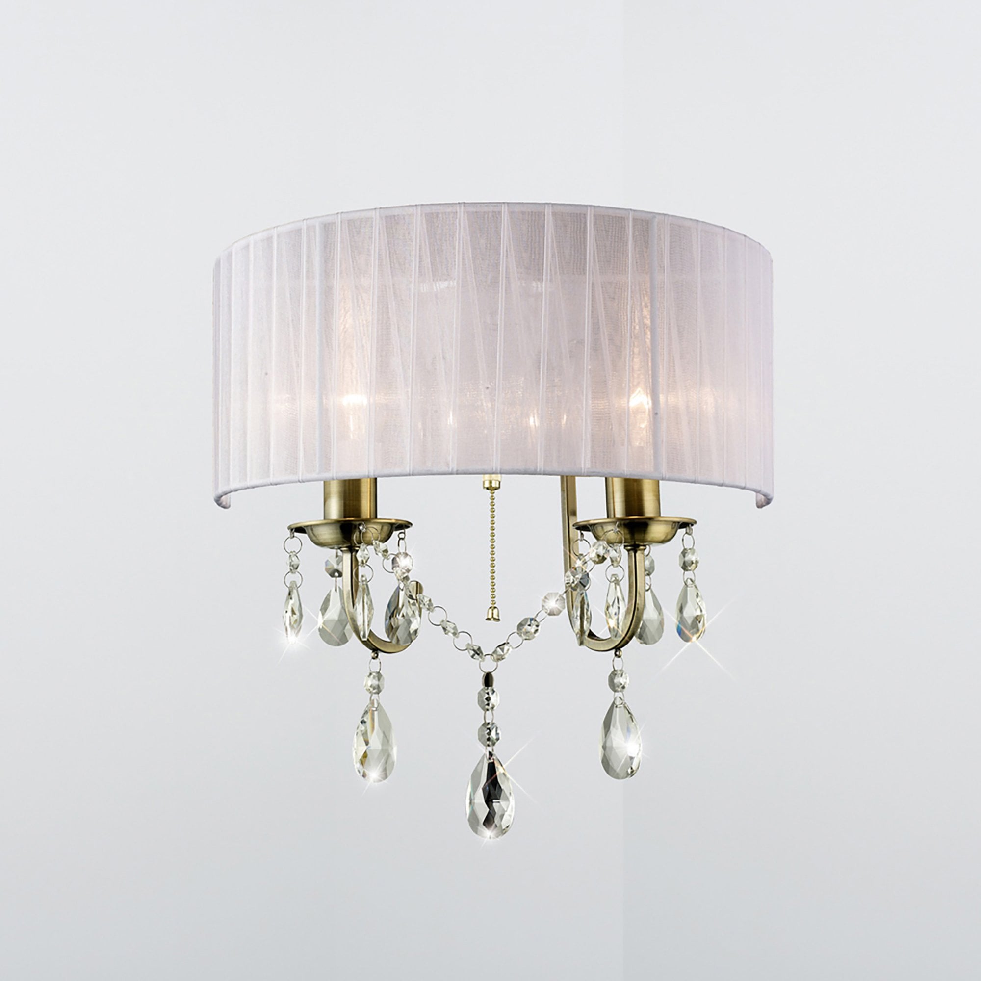 Diyas IL30064 Olivia Wall Light Switched With White Shade 2 Light Antique Brass/Crystal