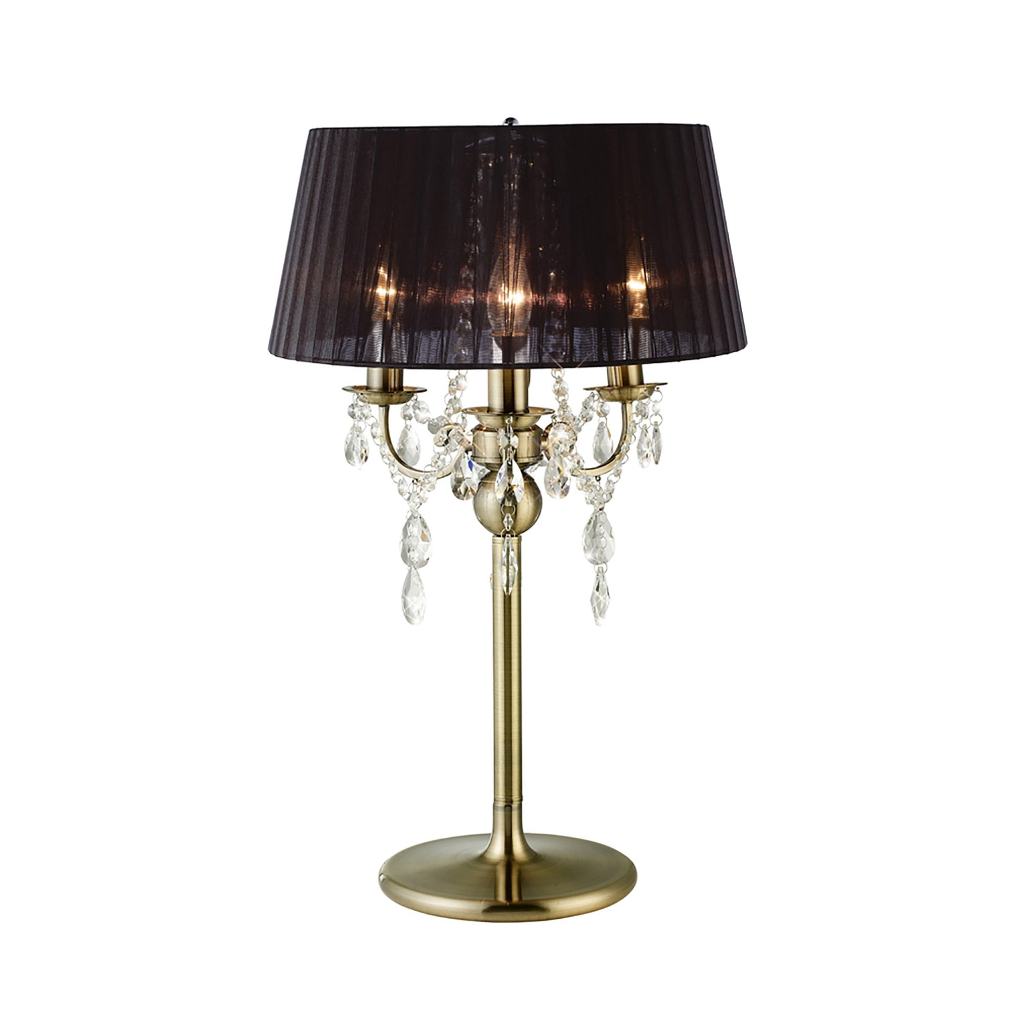 Diyas IL30065 Olivia Table Lamp With Black Shade 3 Light Antique Brass/Crystal