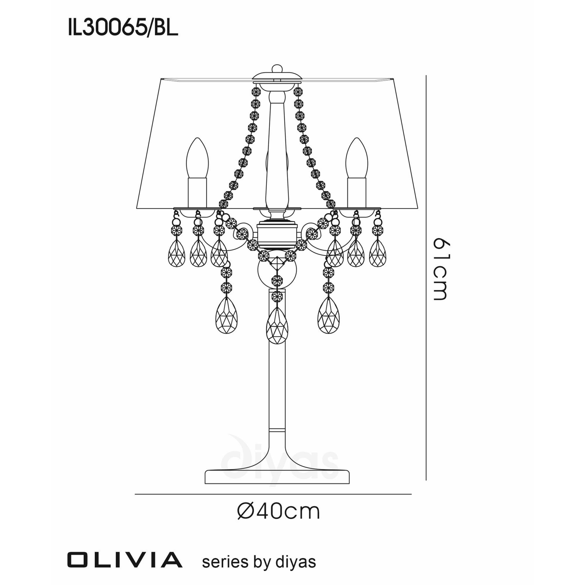 Diyas IL30065 Olivia Table Lamp With Black Shade 3 Light Antique Brass/Crystal