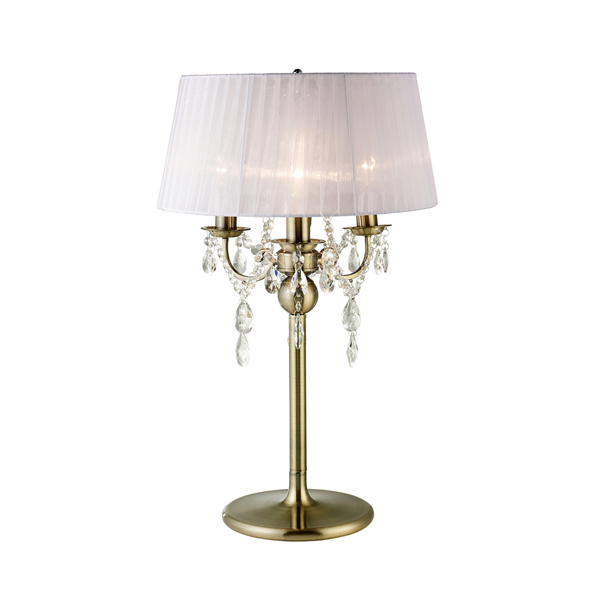 Diyas IL30065 Olivia Table Lamp With White Shade 3 Light Antique Brass/Crystal