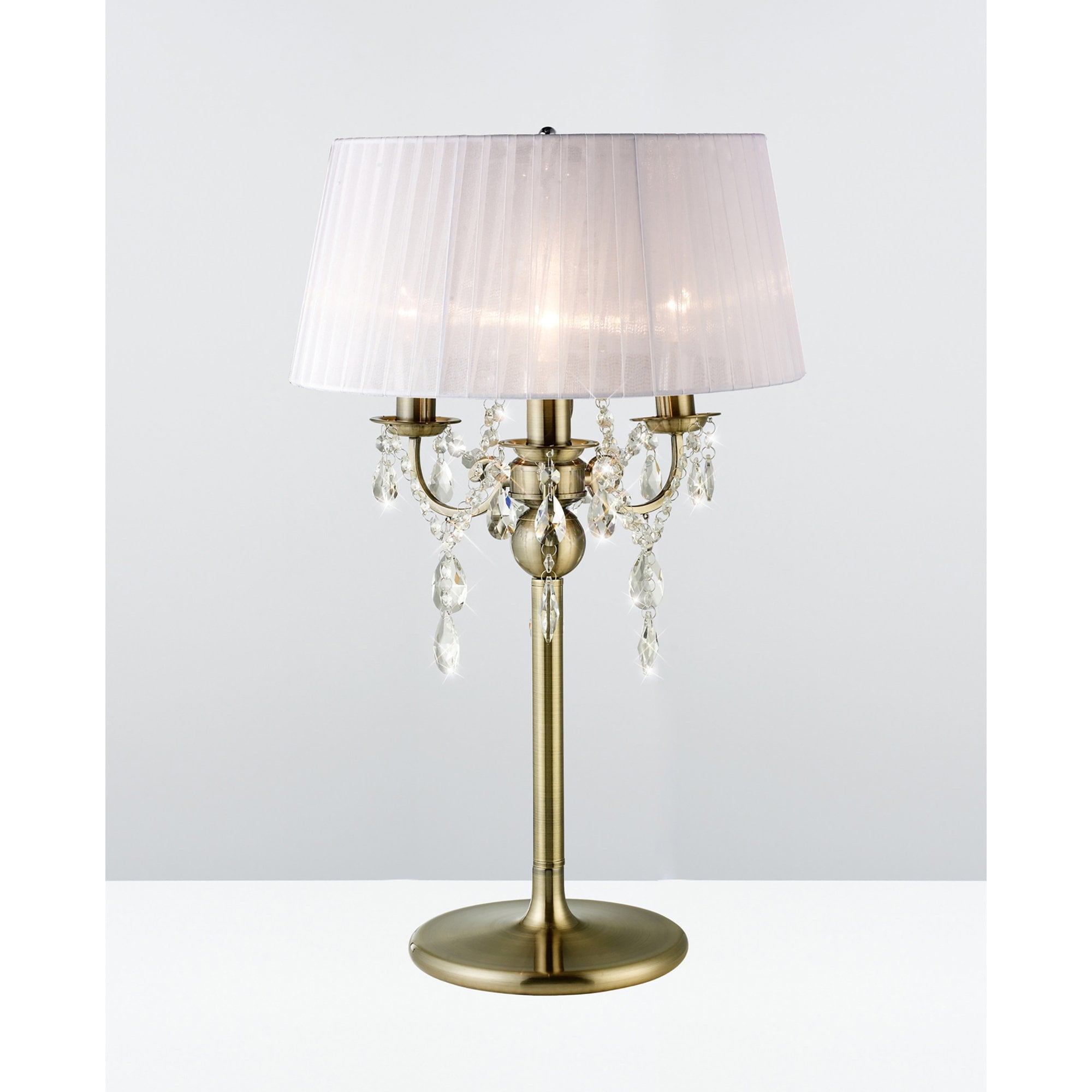 Diyas IL30065 Olivia Table Lamp With White Shade 3 Light Antique Brass/Crystal