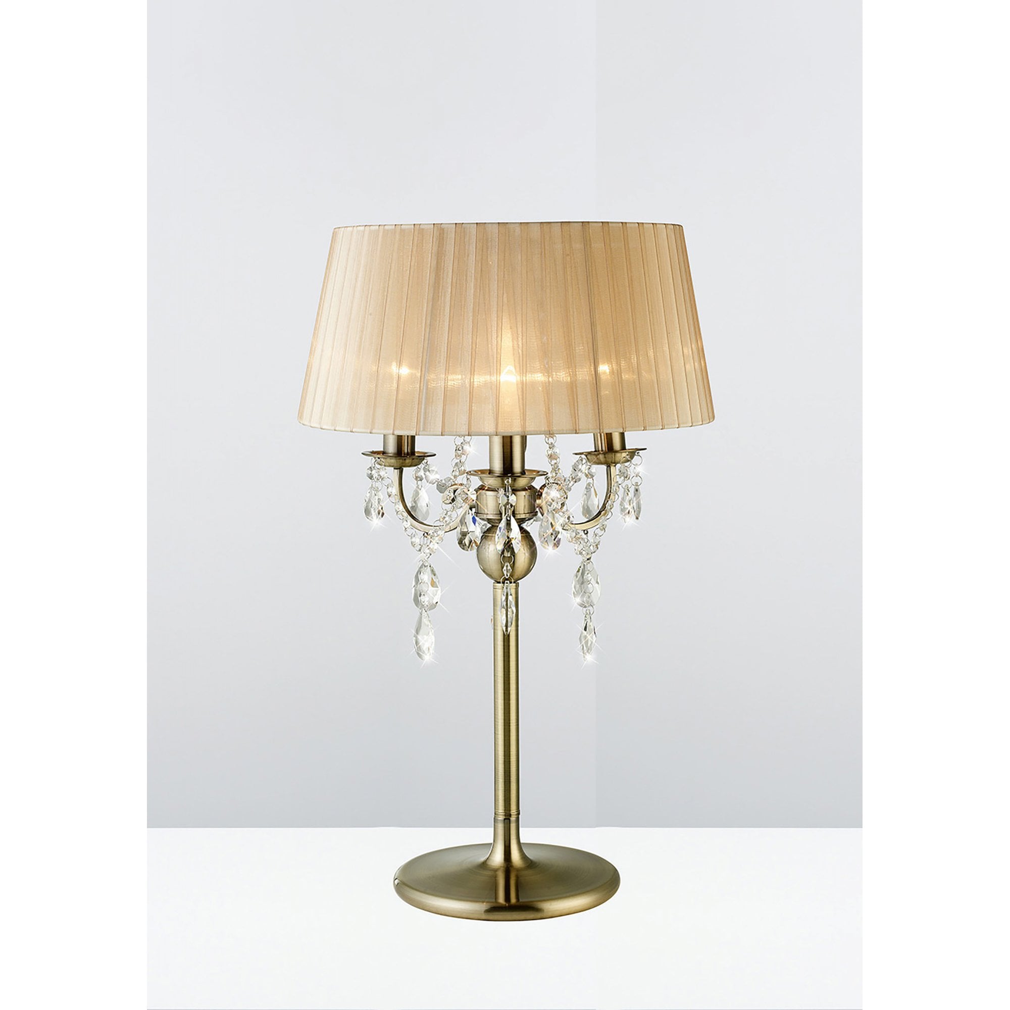 Diyas IL30065 Olivia Table Lamp With Soft Bronze Shade 3 Light Antique Brass/Crystal